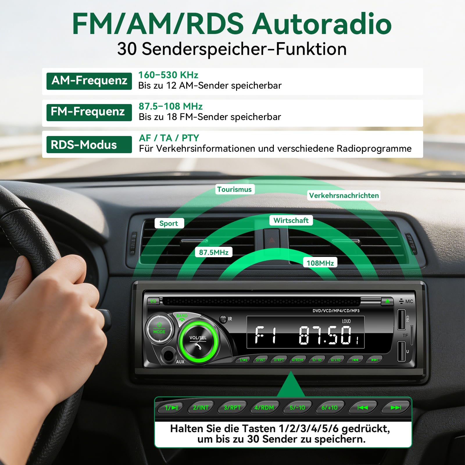 Autoradio Bluetooth mit CD DVD Player, Wistrue RDS/FM/AM Autoradio 1DIN,7 Farben Radio mit 2 USB SD/AUX/Lenkradfernbedienung,MP3 Player