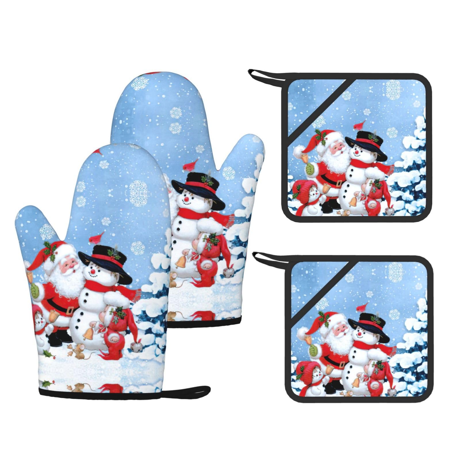 Santa Claus and Snowman Printed Oven Mitts and Pot Holders Set of 4, Heat Resistant Silicone Gloves for Baking Grilling
