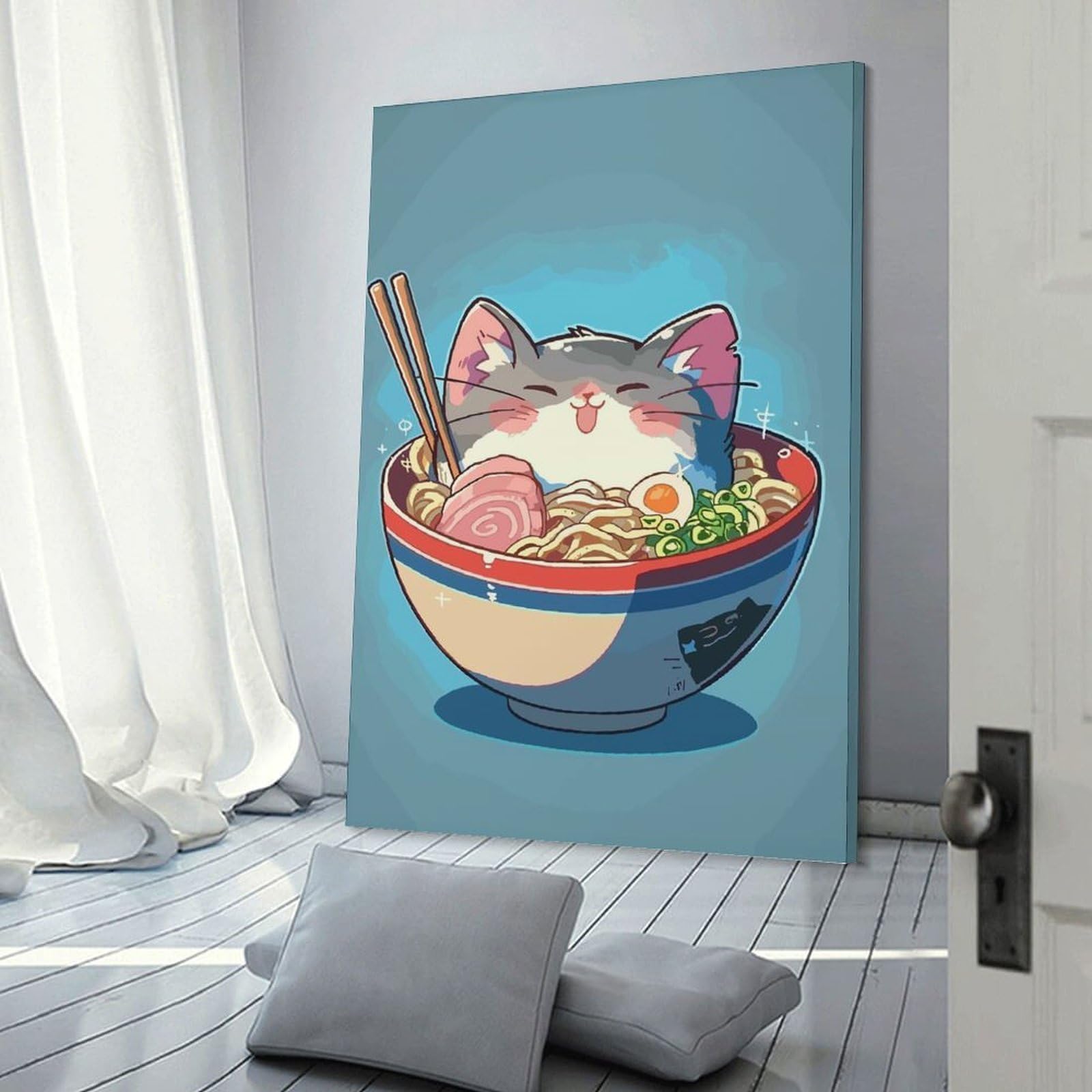 Junmoney Anime Ramen Noodle Cat Decorative Canvas Print, 20x30inch(50x75cm), for Study, Office Or Focused Interiors, Canvas Wall Decor for Creative Rooms