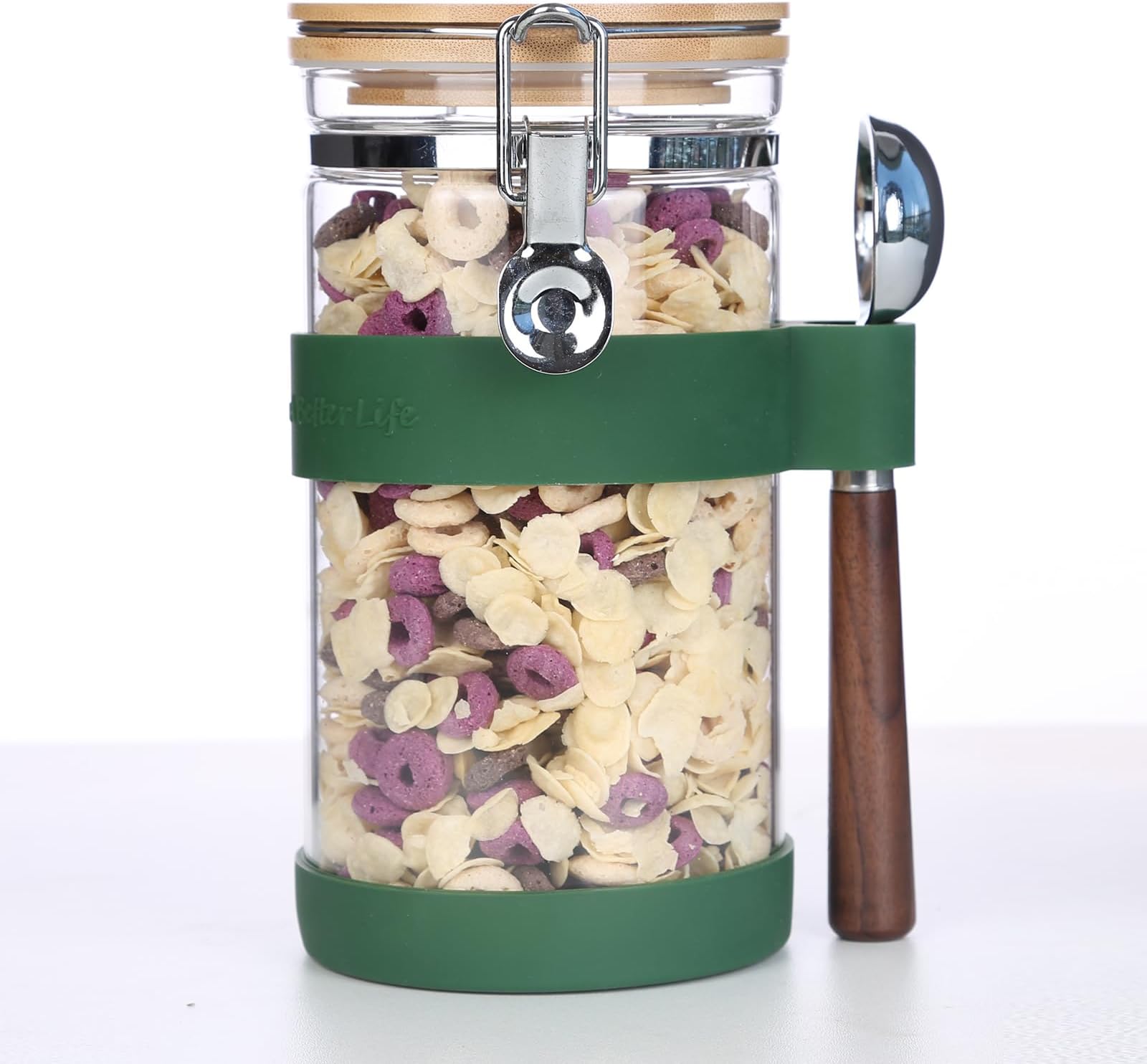 KKC HOME ACCENTS Airtight Coffee Canister, Glass Coffee Bean Storage Contaienr with Silicon Scoop Holder, Non-Slip Silicon Coffee Storage Canister with Spoon for 1 lb Bean,40 Fluid-oz, Green