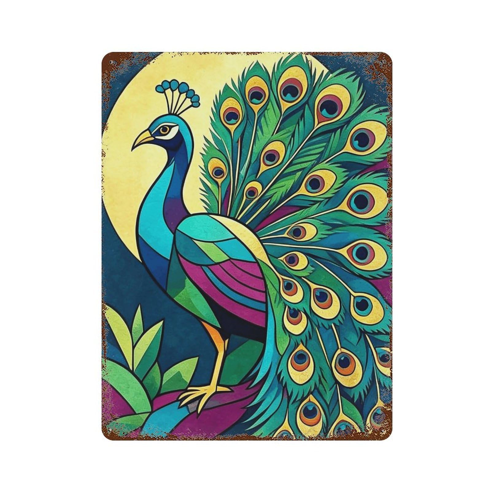 MGHTGRWE Cubist Peacock Ornamental (2) Poster Wall Art Iron Vintage Metal Tin Sign Modern Home Cofffee Club Art Bar Shop Decor 40x30cm