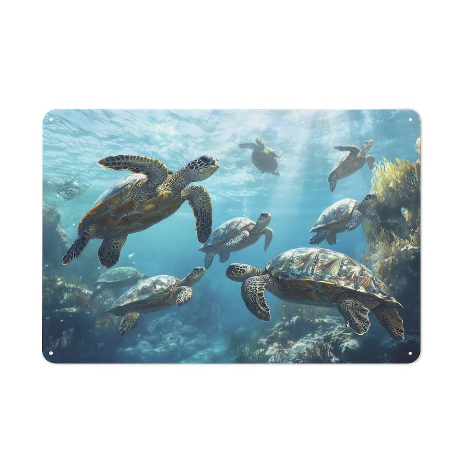 Sea Turtles Underwater Distressed Look Metal Wall Decor 20x30cm, Vintage Tin Sign for Living Room, Hallway, Kitchen Or Cafe