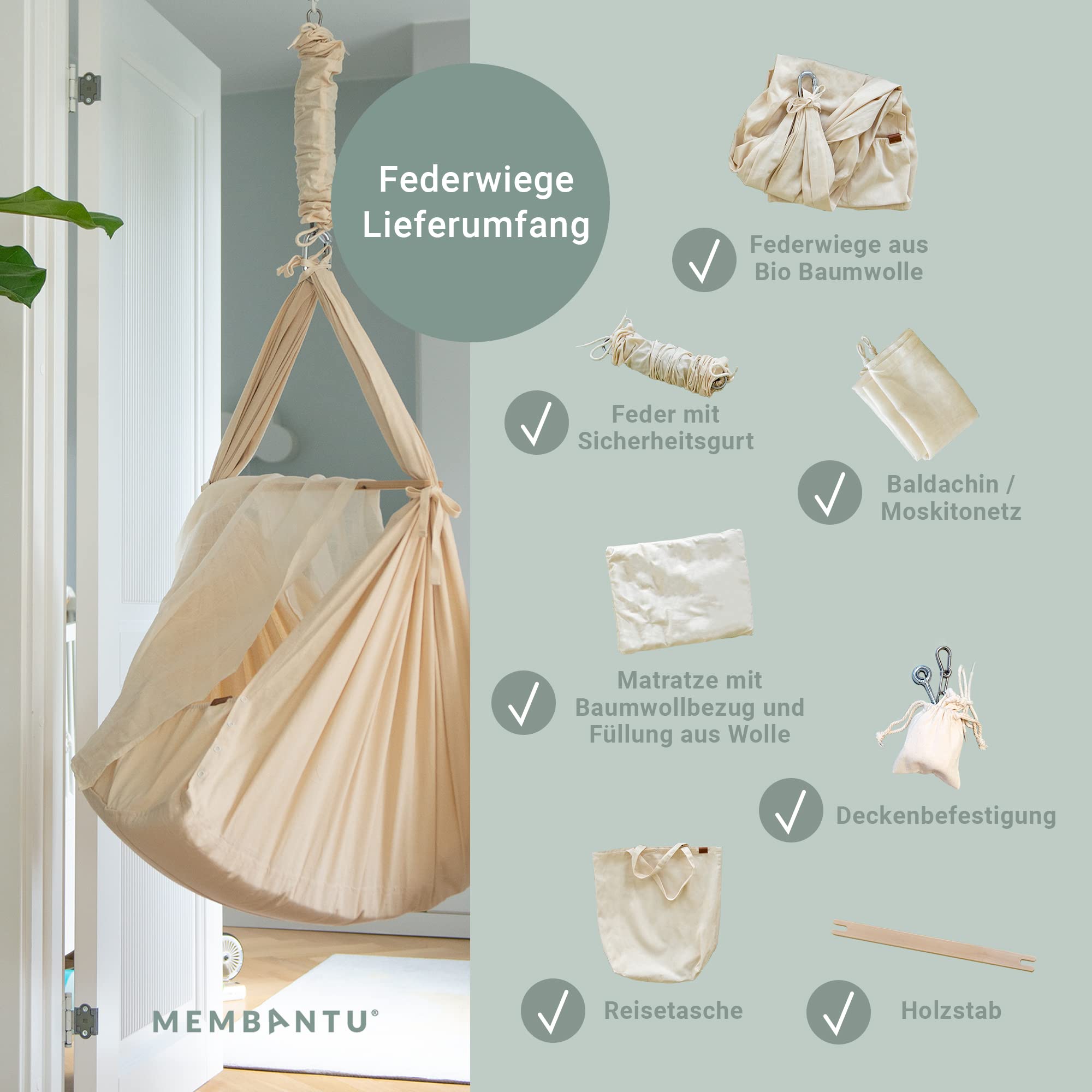 Federwiege Baby inkl. Feder - Baby-Wiege aus Bio-Baumwolle - Baby-Hängematte mit Deckenaufhängung bis max 15kg - Baby-Hängewiege mit Matratze, Baldachin und Federwiege-Motor