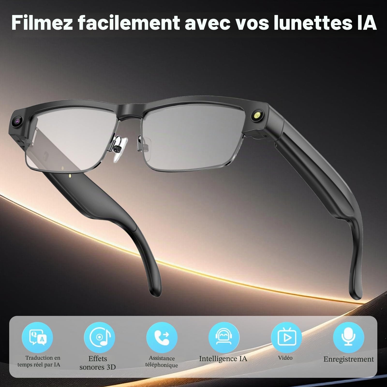 AI Smart Glasses Caméra HD 4K 800 W Lunettes anti-tremblement avec enregistrement vidéo, double microphones avec réduction du bruit, traduction simultanée, intégration ChatGPT (lentilles