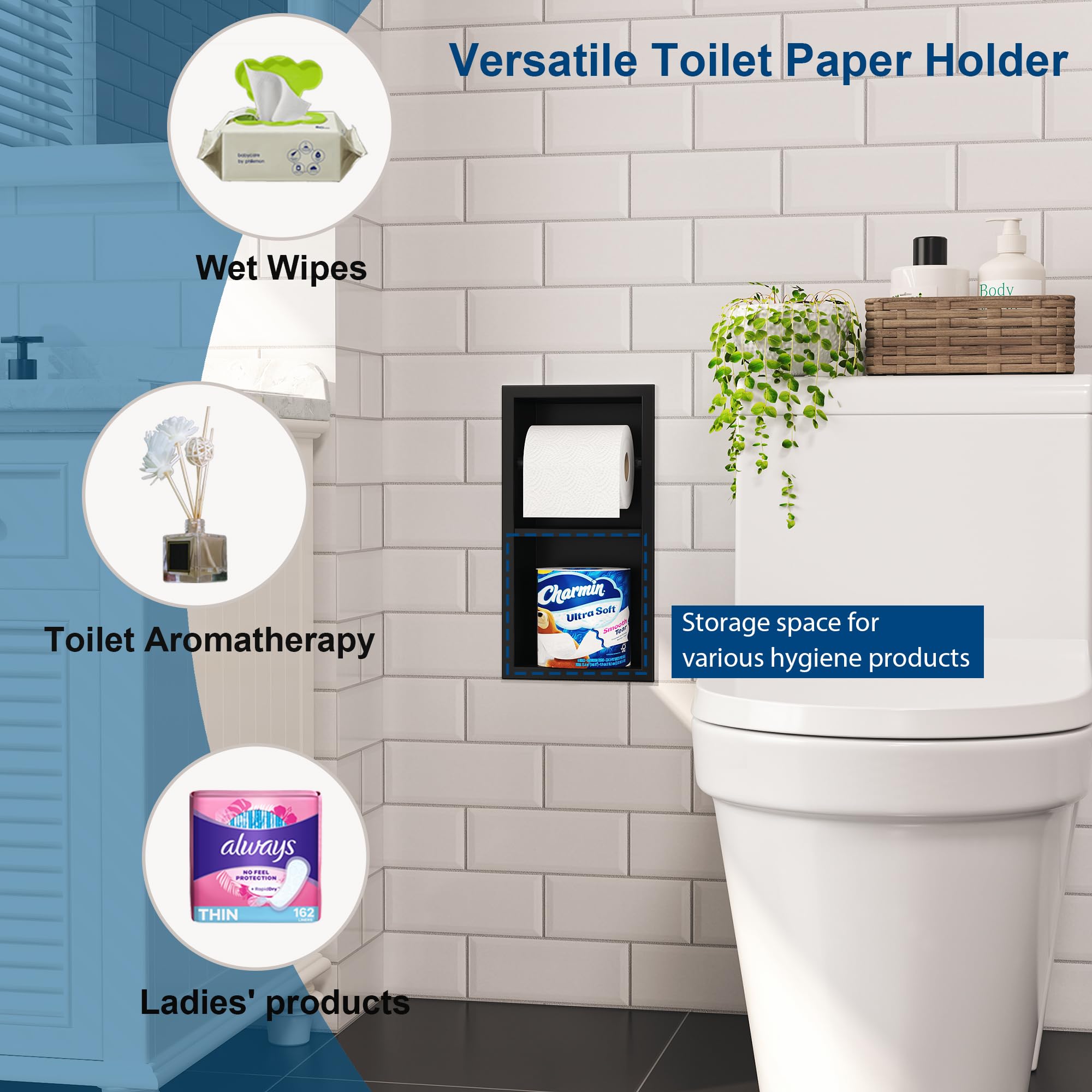 Qeke Recessed Toilet Paper Holder, Dual Rolls Tissue Toilet Holder, Black — Amazon image 3