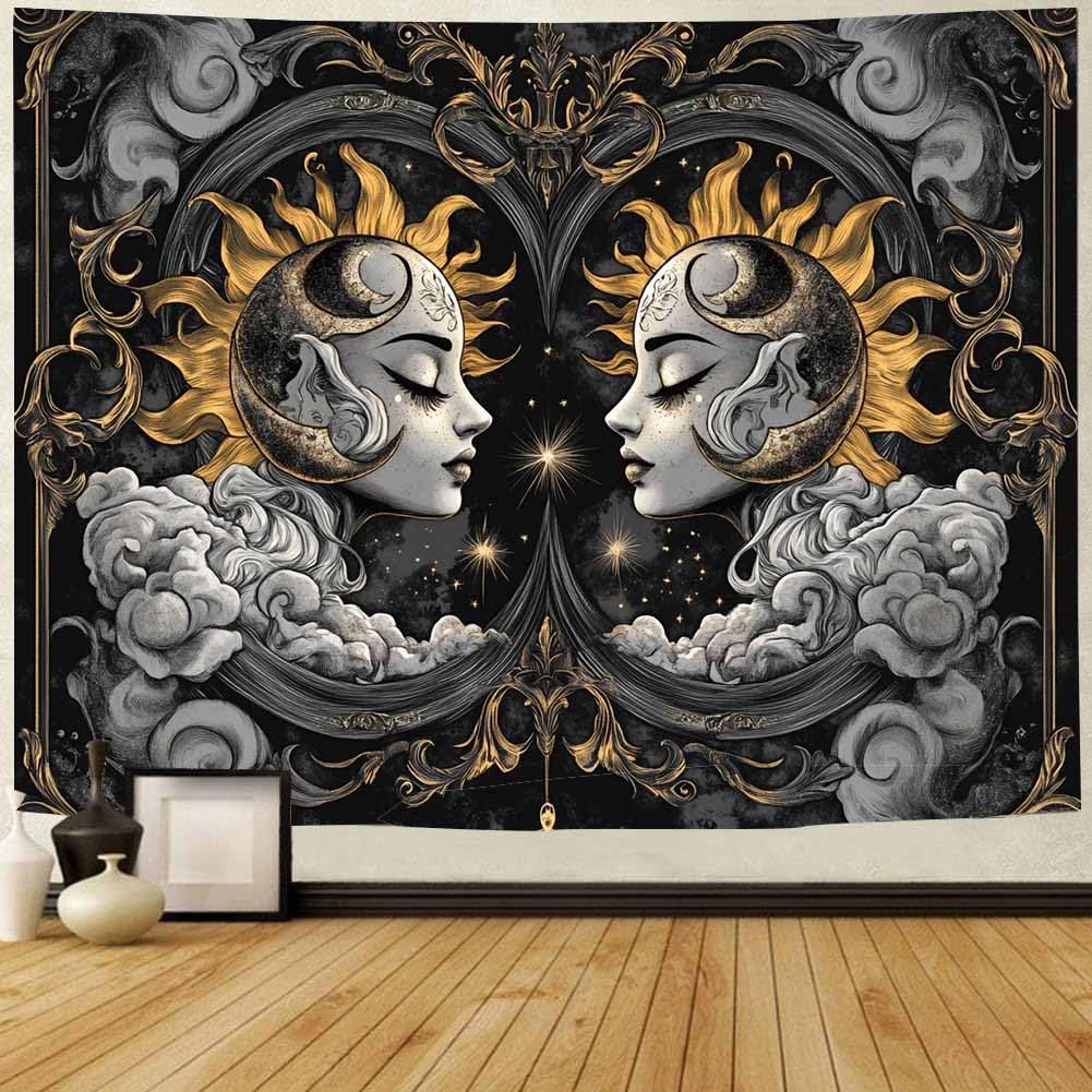 FENDROM Trippy Face Tapestry Vintage Burning Sun and Moon Psychedelic Tapestry Hippie Celestial Clounds Aesthetic Wall Hanging for Bedroom Living Room Dorm