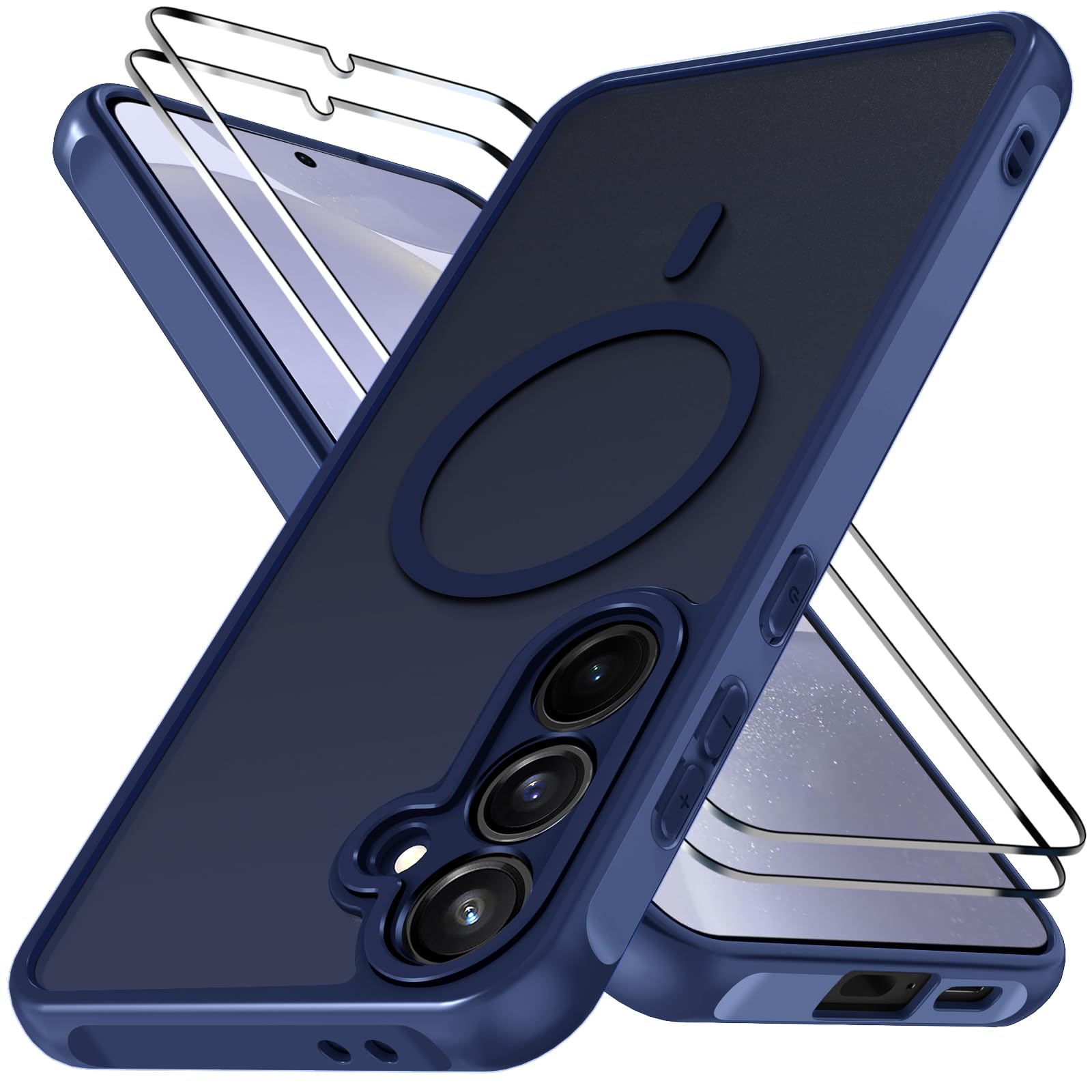 iVoler Cover Magnetica per Samsung Galaxy S24 5G / S25 5G con 2 Pezzi Pellicola Vetro Temperato, Custodia Traslucida Opaca Sottile Anti-Impronte MagSafe Case, Opaca Blu Profondo