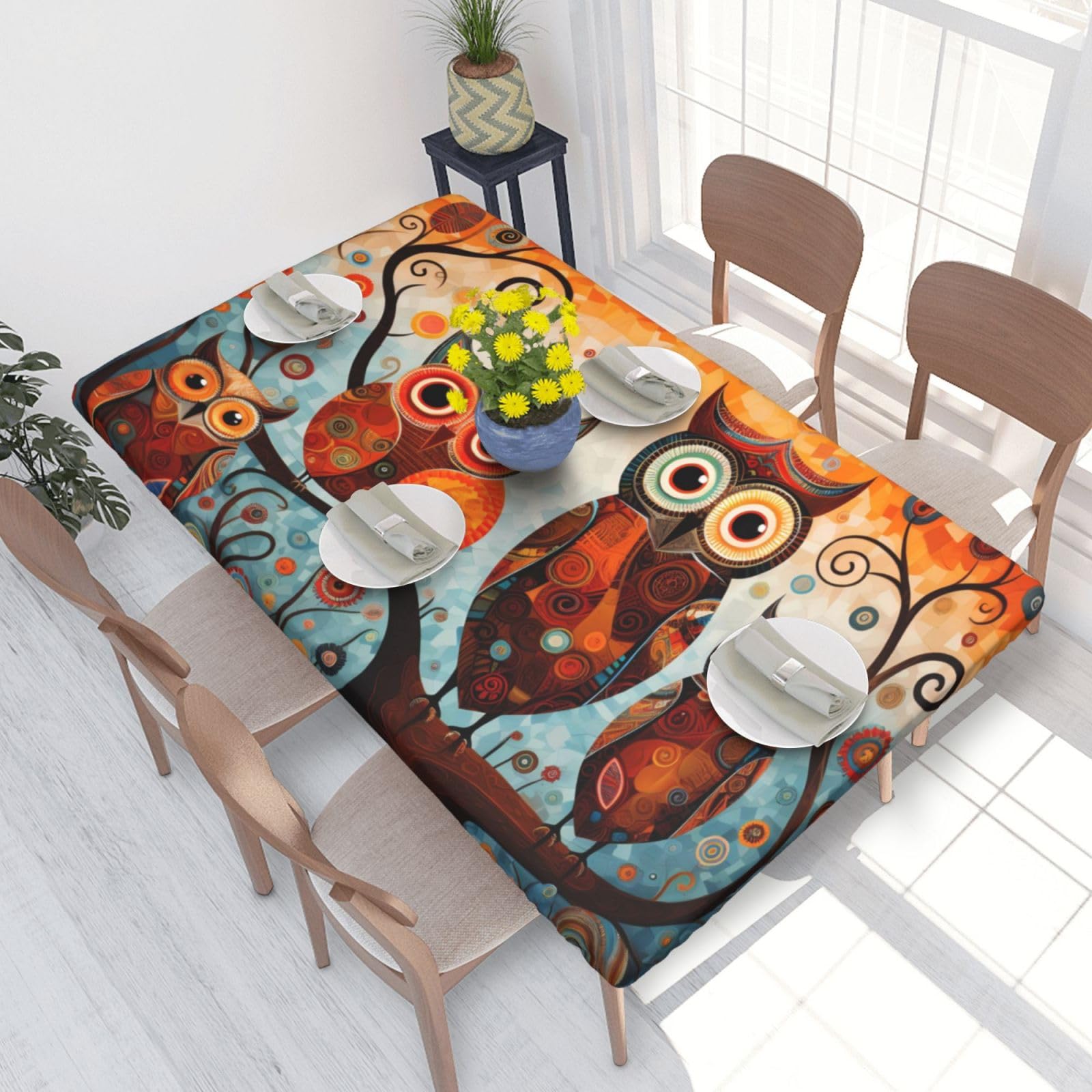 Anime Owl Waterproof Square Table Cover Elastic Fitted Tablecloth Oil Proof Table Protector For 4ft Table