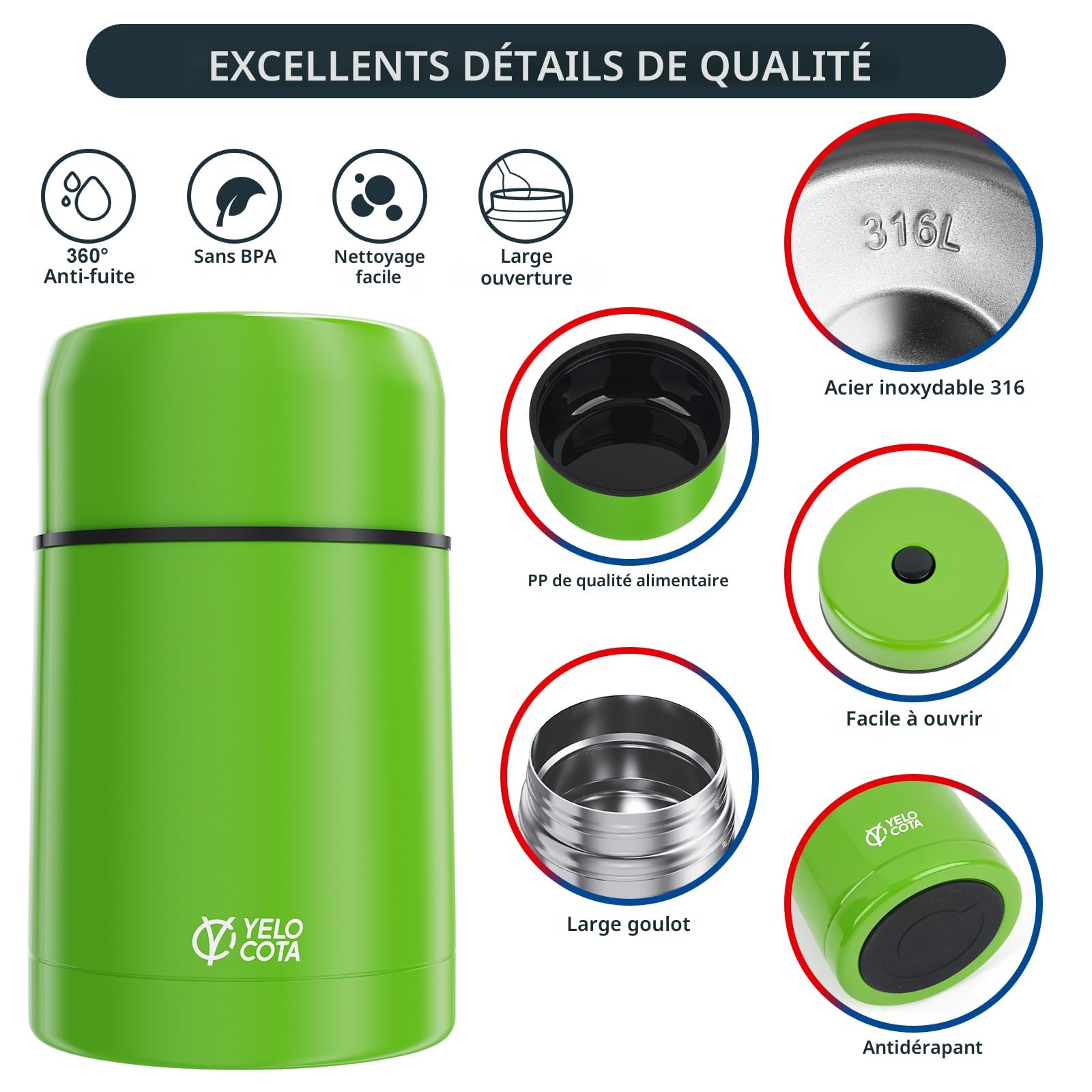 Bouteille isotherme en acier inoxydable de grande capacité, à large ouverture et isolée sous vide, avec poignée