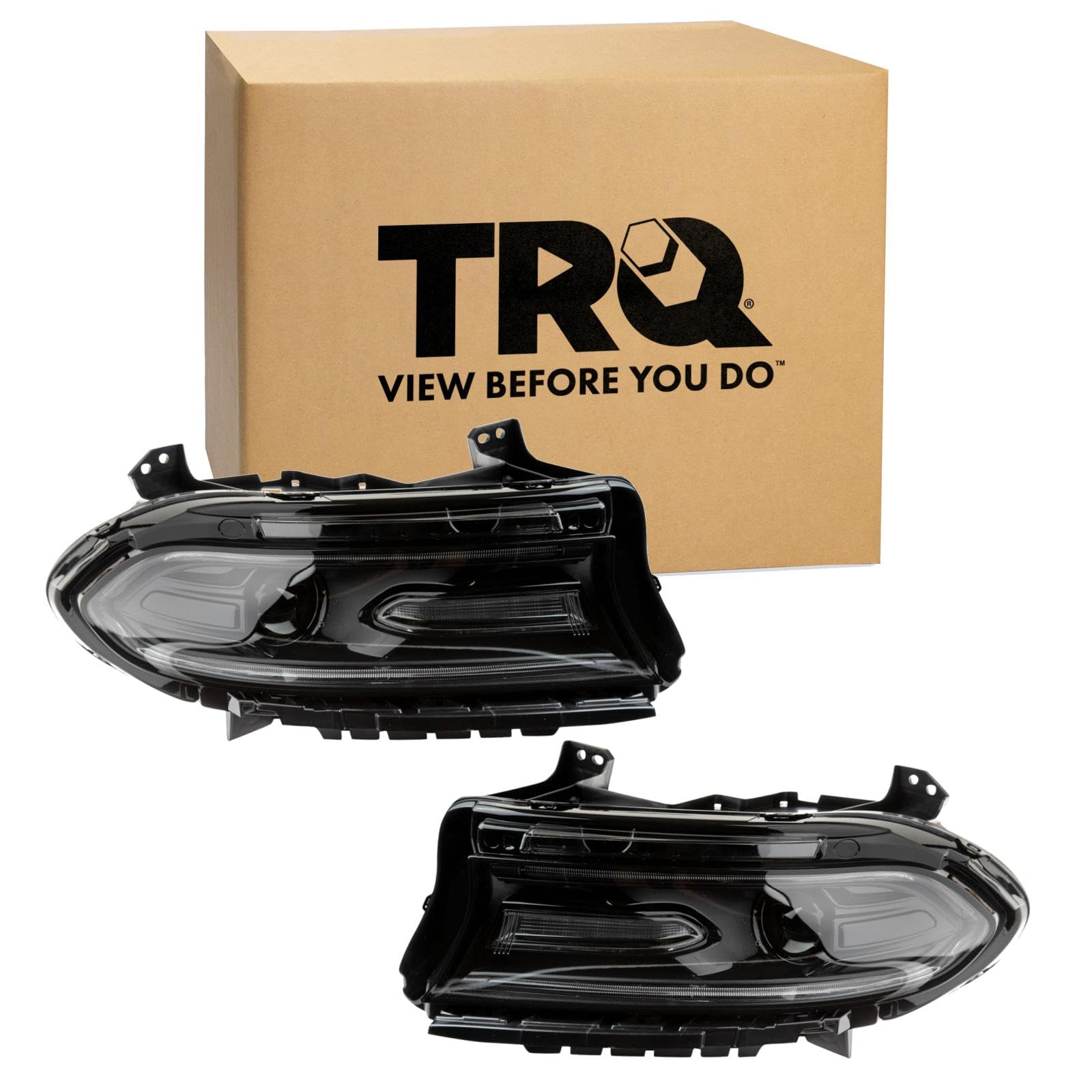TRQ Driver and Passenger Side Headlight Assembly Set Compatible with 18-21 Dodge Charger Halogen Only