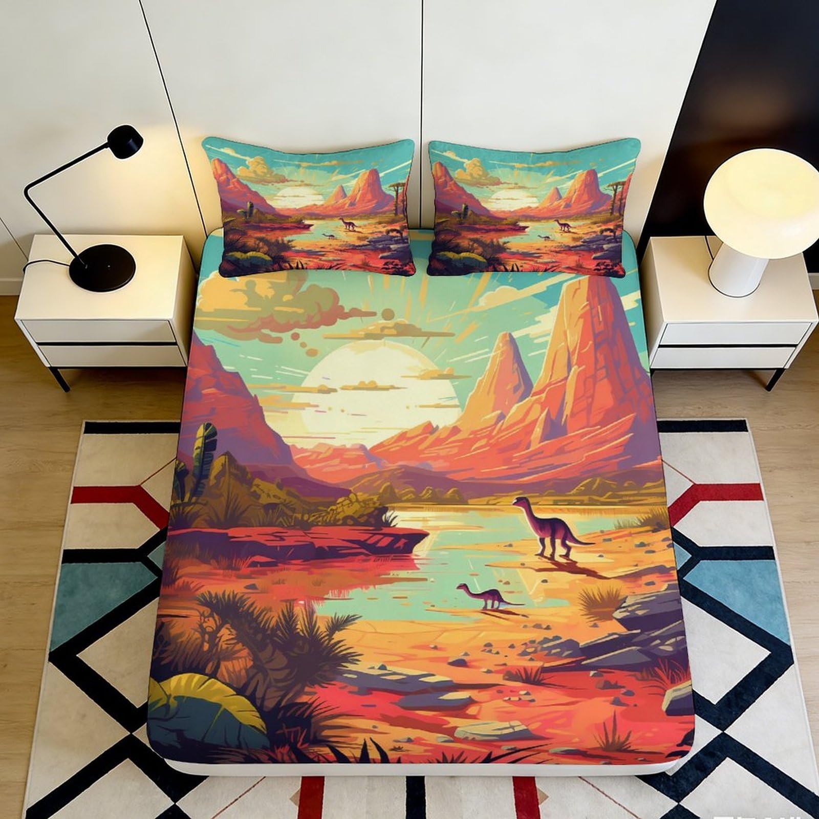 3D Printed Sunset Dinosaur Fitted Sheet Microfiber Scenic Landscape Mattress Cover for Bedroom Guest Room Decor 90x200x25cm