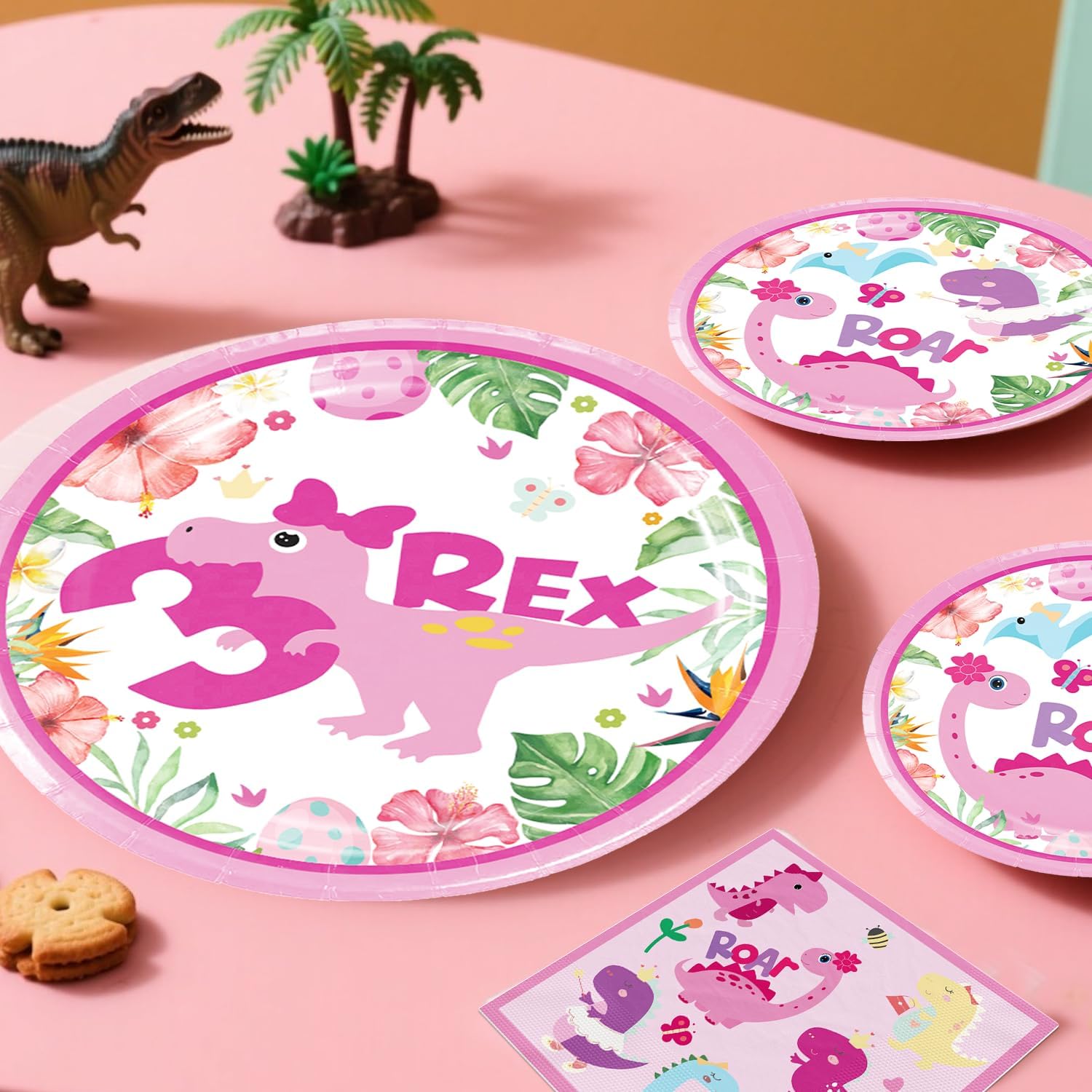 314Pcs Three Rex Birthday Decorations Girl Tableware Set Serves 25 Guests, Pink Dinosaur Birthday Decorations Includes Balloons, Banner, Plates, Balloons Box, Tablecloth, All-in-1 Party Pack