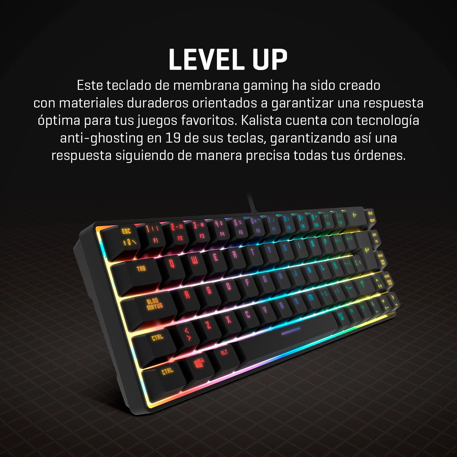 KROM Kalista - Teclado Gaming de Membrana RGB Rainbow, Formato 62%, Modo Gaming, N-19 Anti-ghosting, Windows | Mac, Layout español, Negro