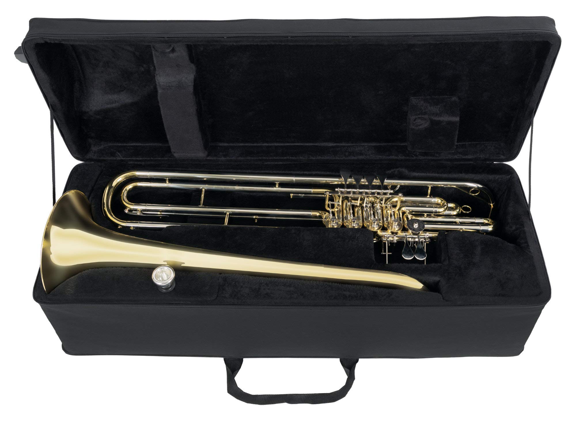 FC-18/5L Cimbasso - Lackiertes Cimbasso in F - 4+1 Drehventile und Trigger am zweiten Zug - Aus Messing - Schallstück-Ø: 286 mm - Bohrung: 18,40 mm - Inklusive Leichtkoffer