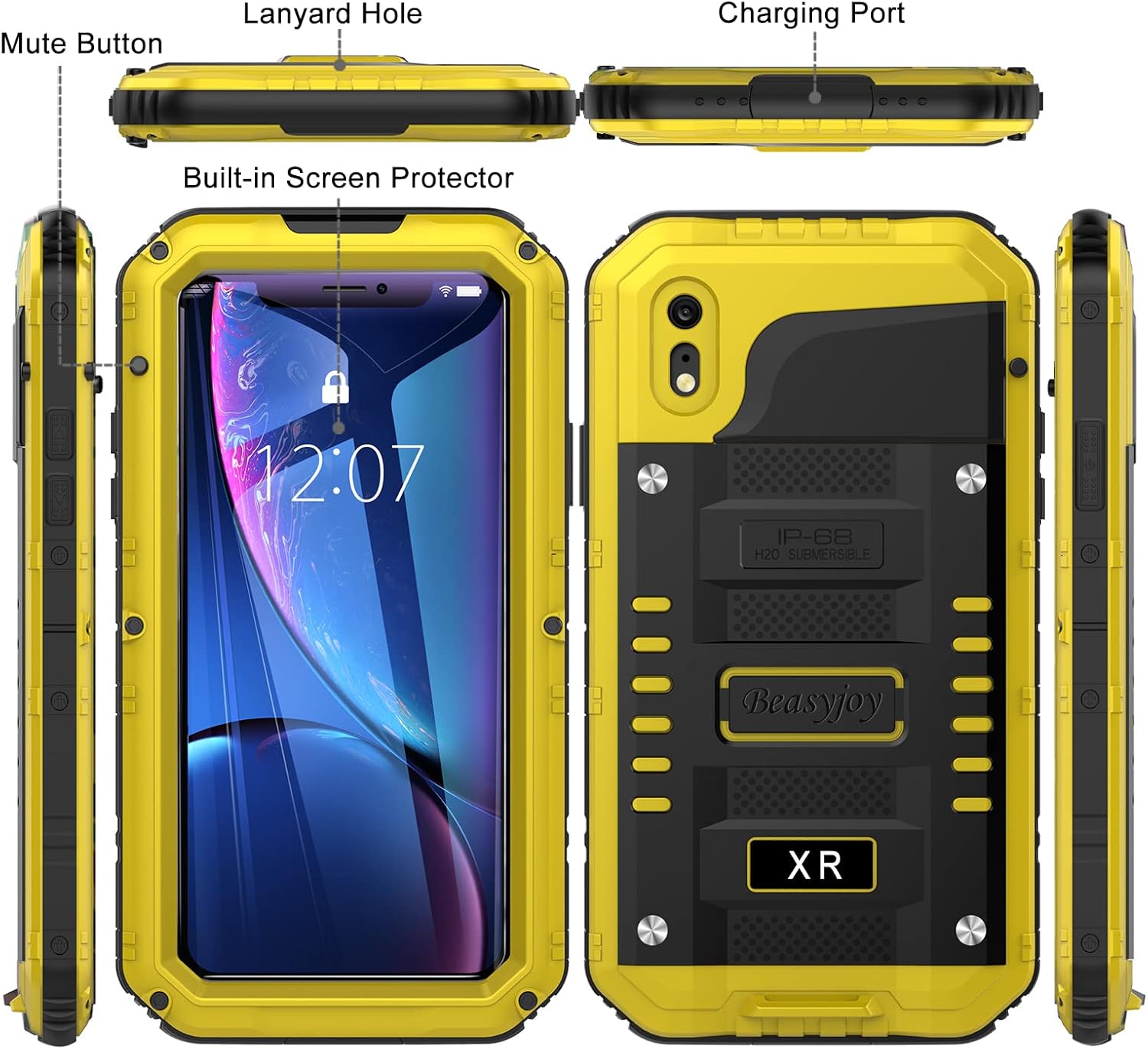 Beasyjoy for iPhone XR Metal Case, Waterproof Heavy Duty Case with Built-in Screen Protector, Full Body Protective Shockproof Tough Rugged Military Grade Defender Outdoor Case(Yellow)