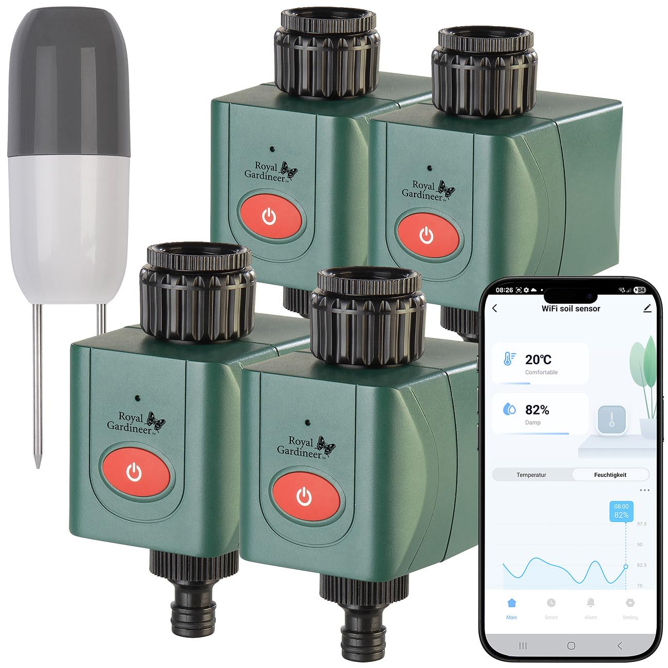 Royal Gardineer Smart Home Bewässerungen: 4er-Set WLAN-Bewässerungscomputer mit Bodensensor (Bewässerungssysteme Gärten, Bodenfeuchtesensor Garten, Gartenschlauch)