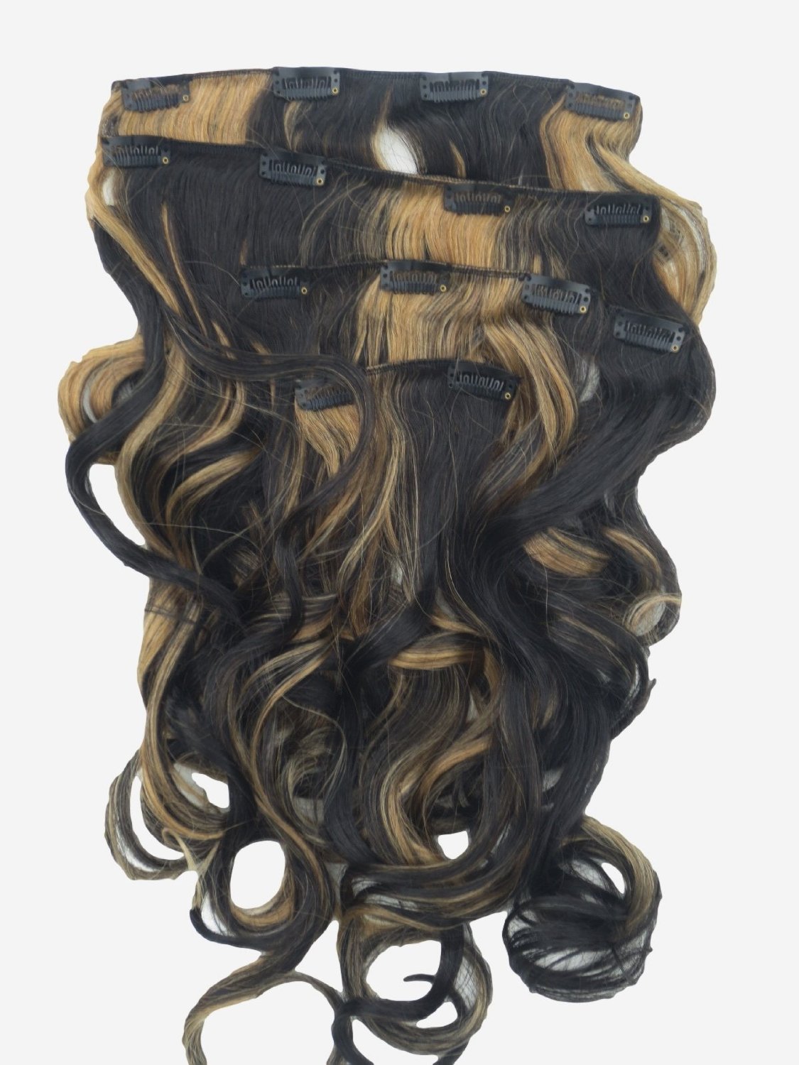 (NEW) REAL LOOK HAIR EXTENSION BLACK COFFEE BROWN STRAWBERRY BLONDE MIX WAVY 24 INCH X LONG