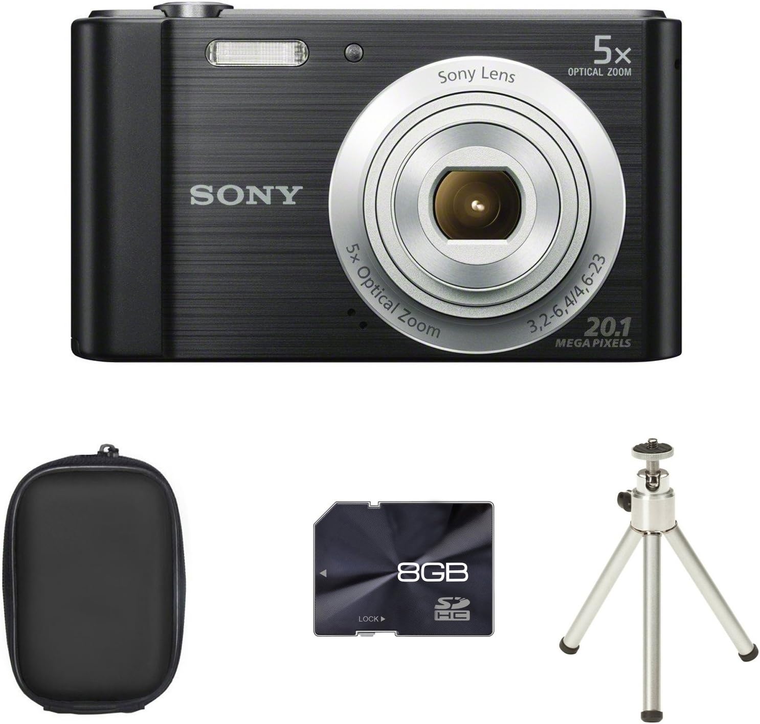 Sony DSCW800 Digital Camera Black + Case + 8GB Card + Tripod (20.1MP
