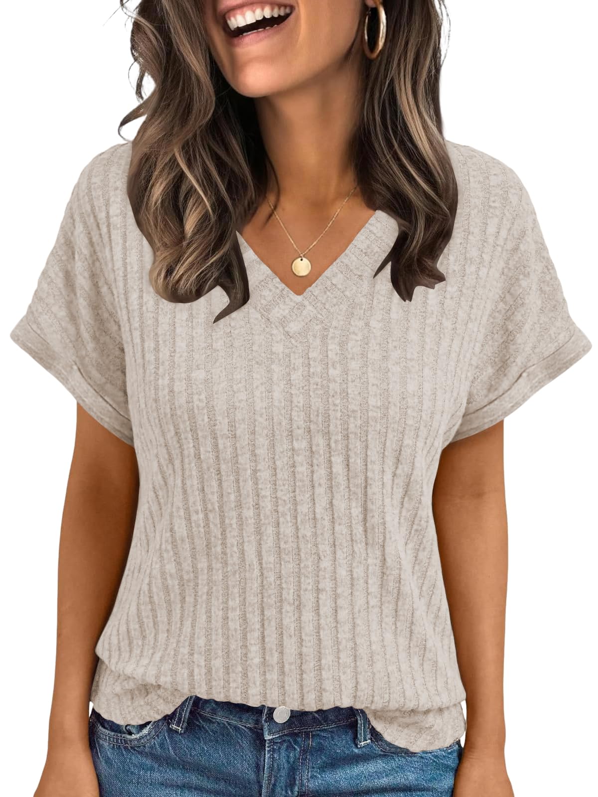 Cuptacc Oberteile Damen Elegant Kurzarm Tshirt V Ausschnitt Sommer Leicht | Casual,Luftige,Bequem,Basic,Einfarbig,Mode,Locker,Glockenärmel,Büro,Reise