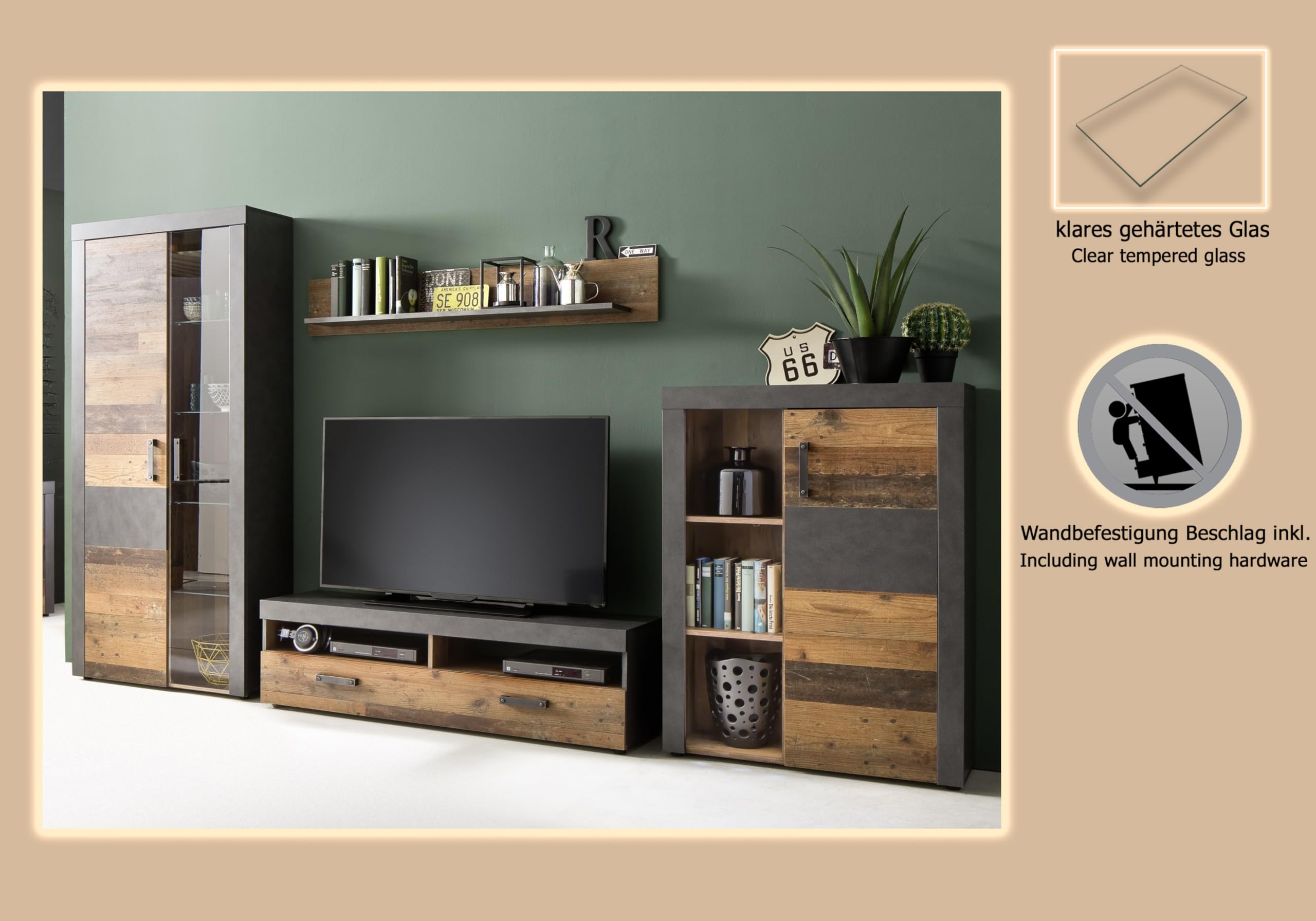 trendteam smart living - Indy - Wohnwand - Eiche/Grau - Anbauwand mit Stauraumvitrine, Stauraumelement, TV-Unterschrank und Wandboard - (BxHxT) 343 x 189 x 40 cm - antikfarbene Griffe