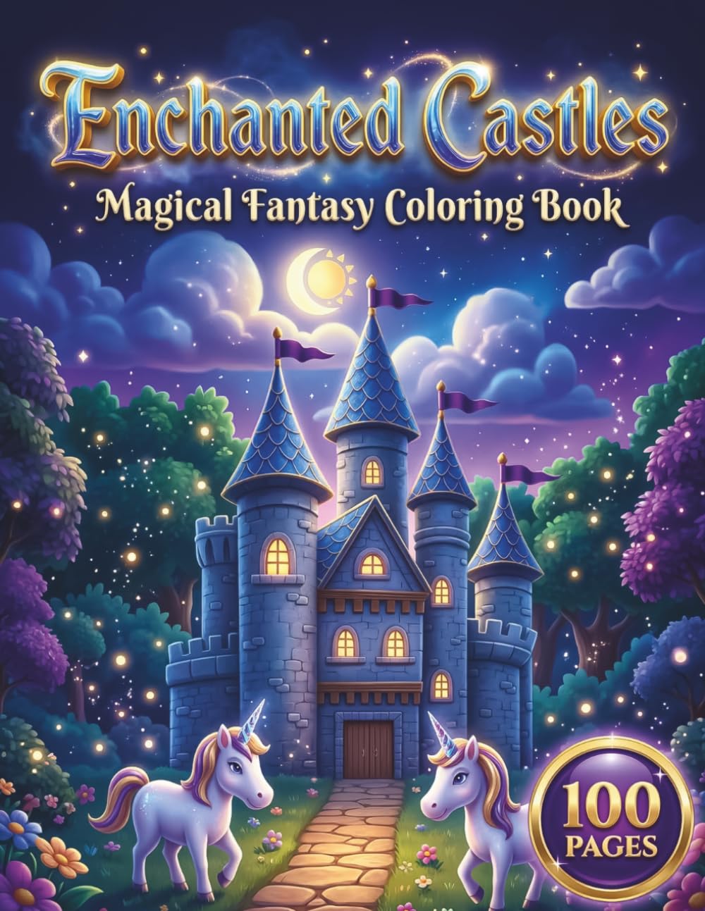 Enchanted Castles: Magical Fantasy Coloring Book for Kids and Teens with 100 Pages featuring Fairy Tale Palaces, Cute Dragons, and Majestic Unicorns for Creative Fun