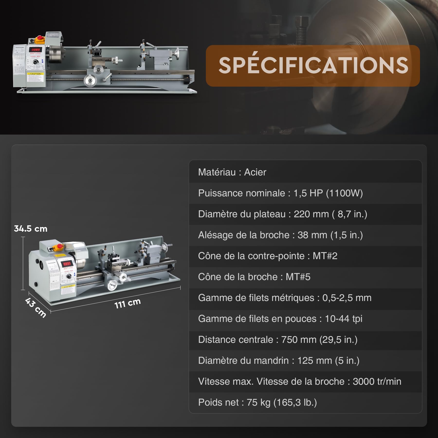 CREWORKS 1100W 220x750mm Tour à Métaux, Tour à Métaux de Précision, Tour Électronique Professionnel pour Traitement de Pièces de Précisions, Mini Tour Métaux de Table de Précision