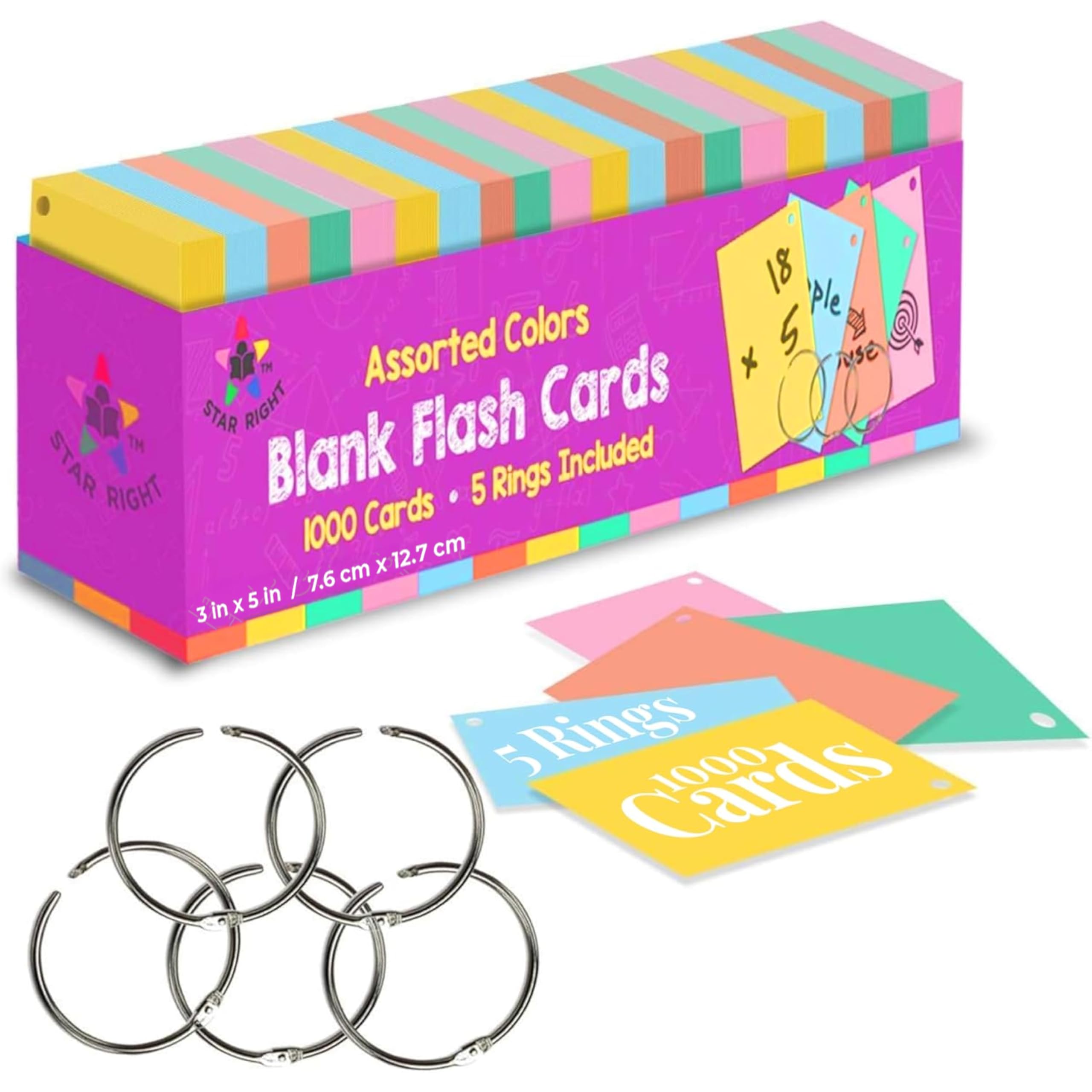 Star Right Assorted Colored Blank Flash Cards - 2 x 3 inches Blank Index Note Cards, Flash Cards Blank, 1000 Pre Hole Punched with Metal Binder Rings, Blank Flashcards for GMT Prep, Math, Language