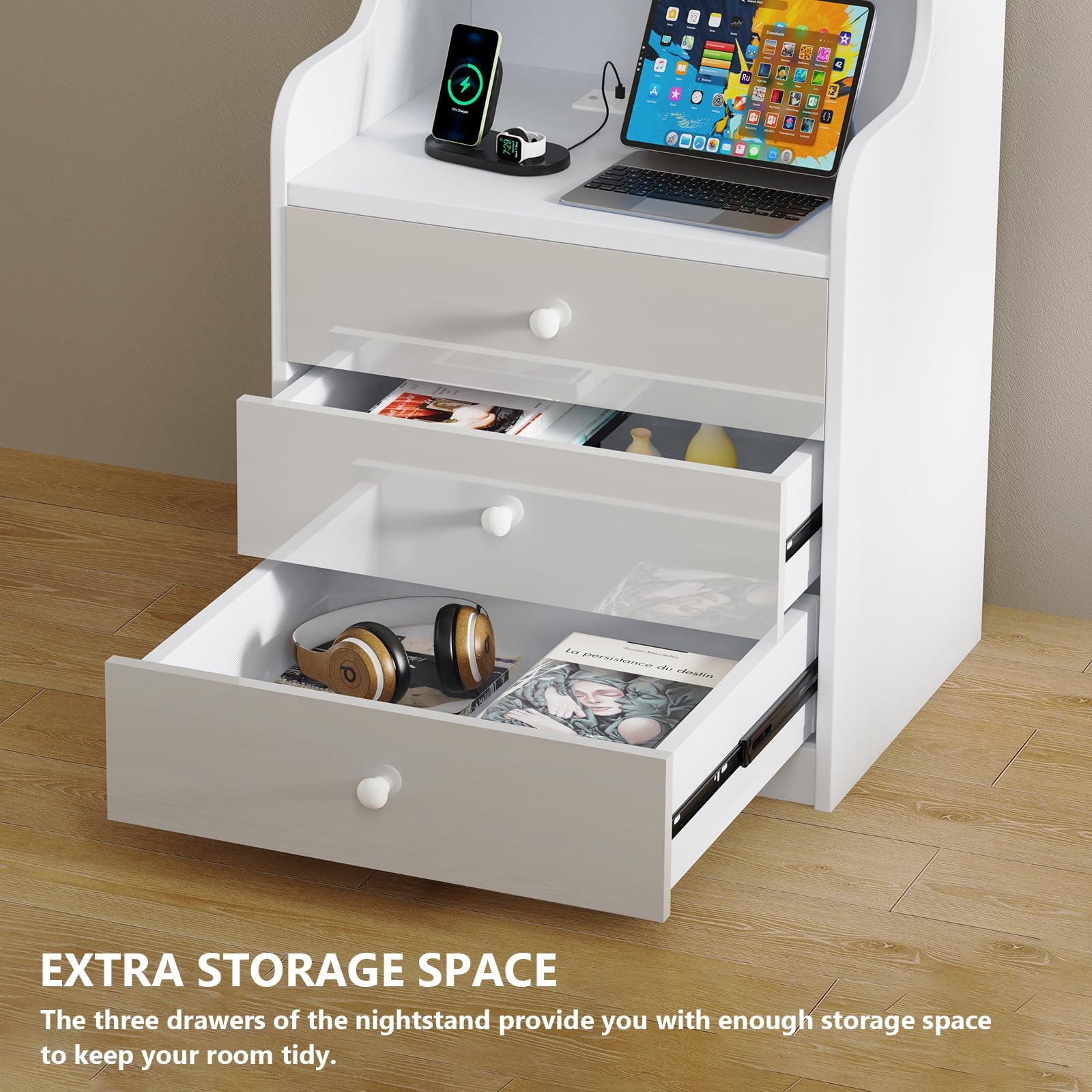 PIPIPOXER Nachttisch Weiß 2er Set mit Steckdose & USB, Hochglanz mit 3 Schubladen, Modernes Möbelstück für Wohn- und Schlafzimmer, 40x50x176 cm
