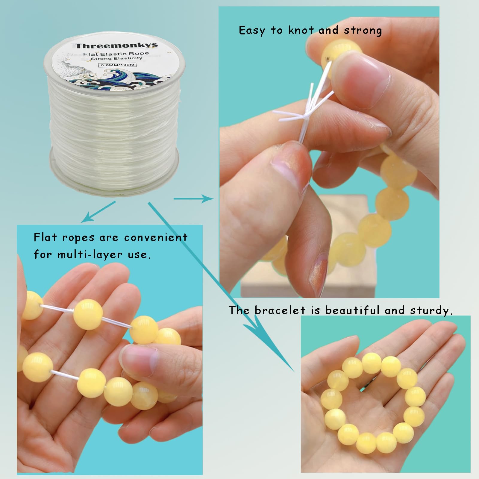 Cuerda elástica plana de 0,8 mm, cuerda elástica para la producción de joyas y pulseras (100 m)