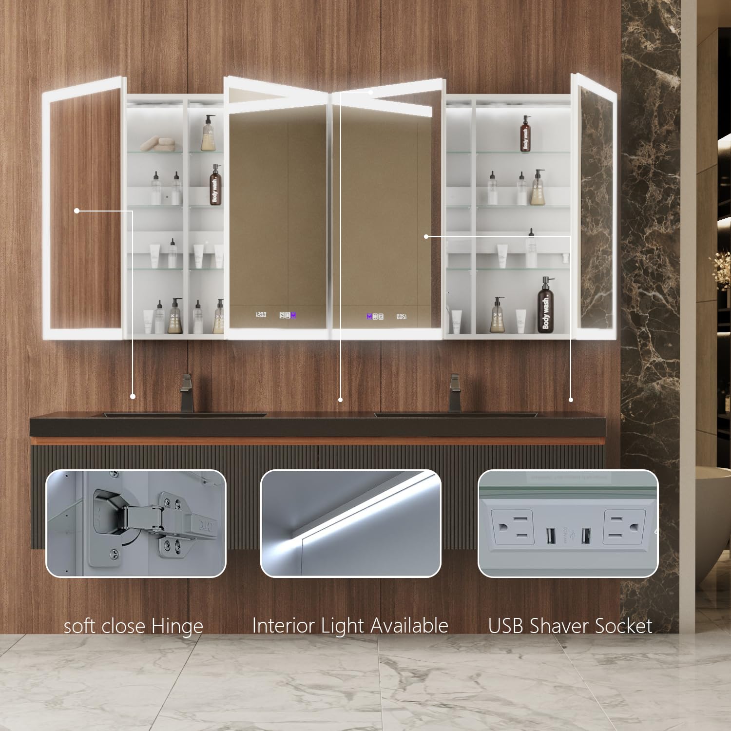Botiquín inteligente iluminado con espejo, colores regulables continuos, bisagras de 110°, antivaho, luz de sensor, salida de 1800 W y USB, acabado de aluminio cepillado