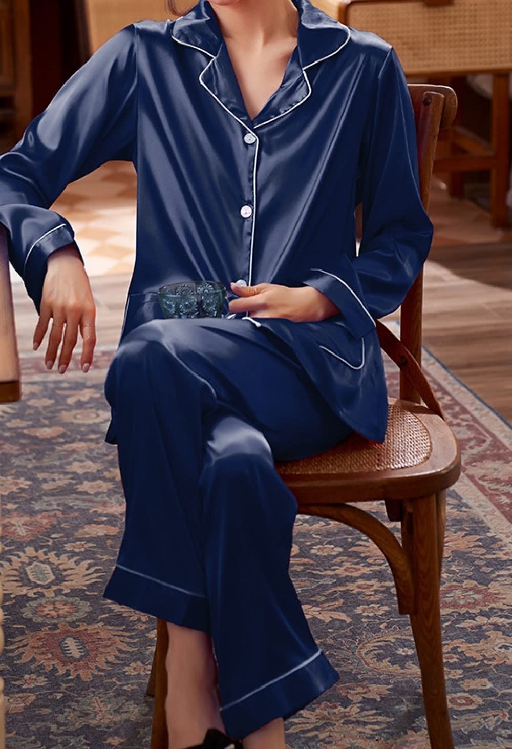 Pijamas para Mujer Conjunto De Pijama De Poliéster con Solapa Y Puños Sueltos Azul Oscuro Conjunto De Pijama De Manga Larga Simple Regular para Mujer Conjunto De Dos Piezas Regalo De Festival Adec