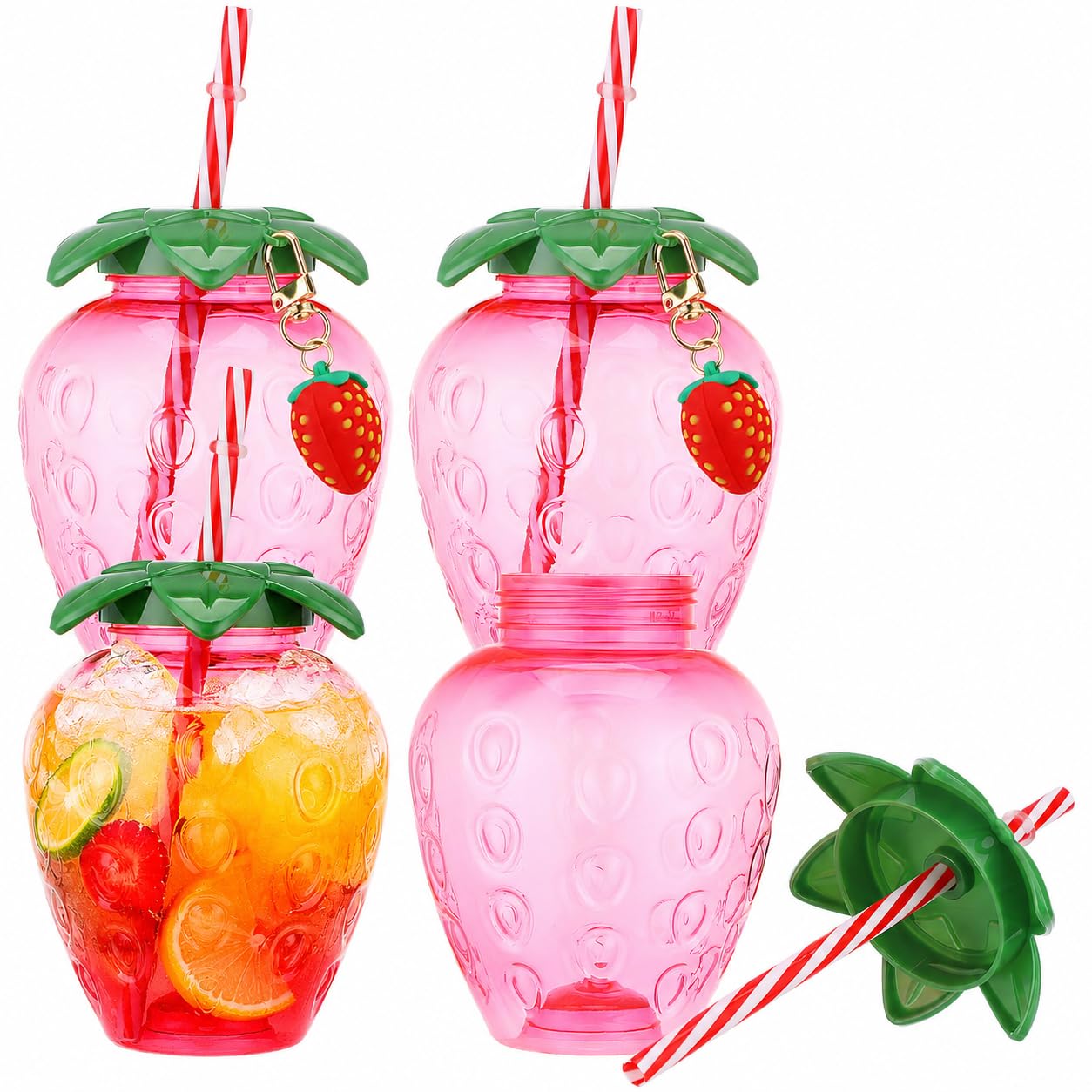 Housoutil 4 Pack Strawberry Cups with Straw and Pendants, 500ml Reusable Plastic Strawberry Tumblers, Strawberries Drinking Cups for Spring Hawaiian Summer Berry First Birthday Party Decor Supplies