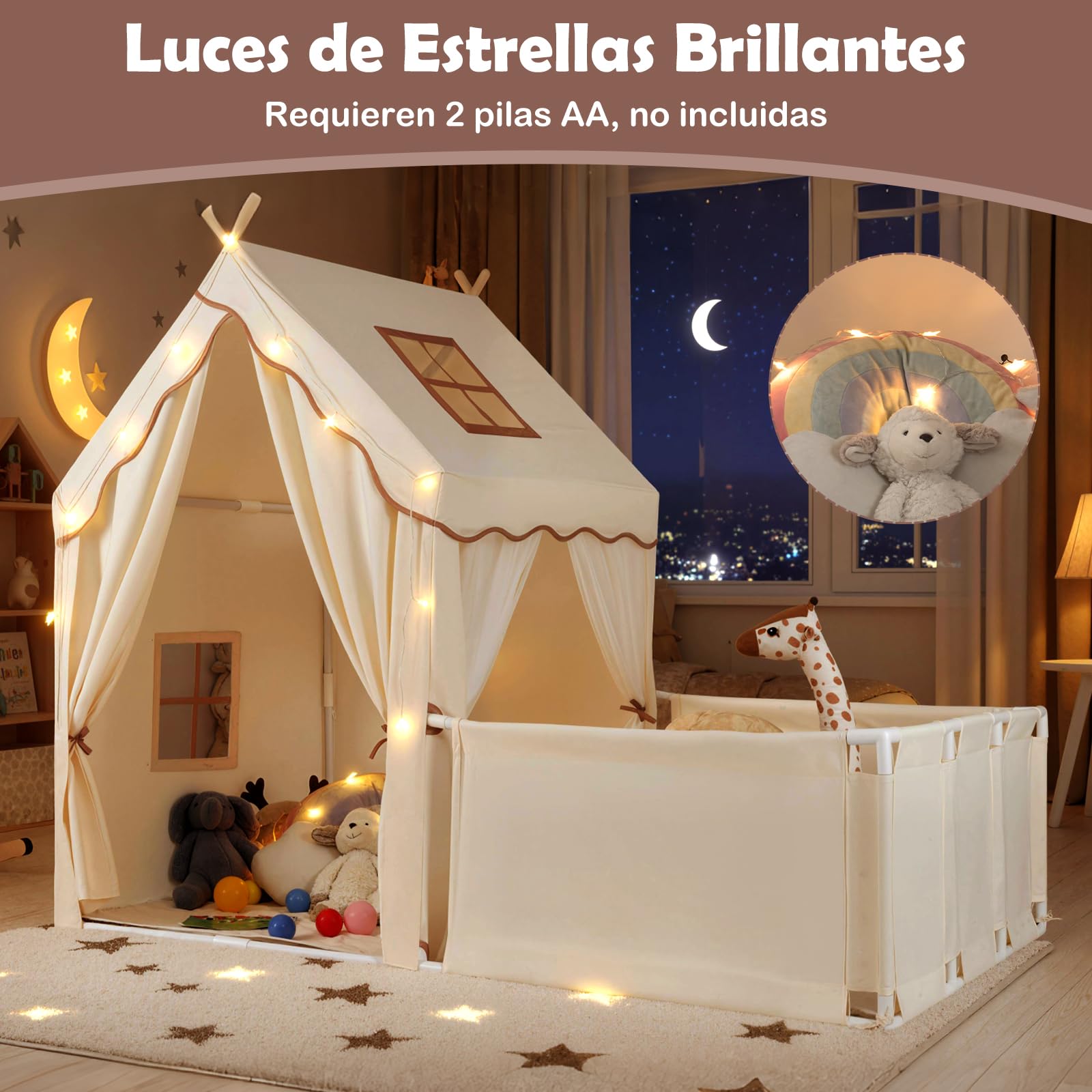 GOPLUS Tienda de Campaña Infantil con Parque, tipi Infantil Interior 2 en 1 con Patio, Luces Estrelladas, Alfombra de Algodón Lavable, Cortinas, Ventanas, Tienda de Juegos para Niños de 3+ Años (Café)