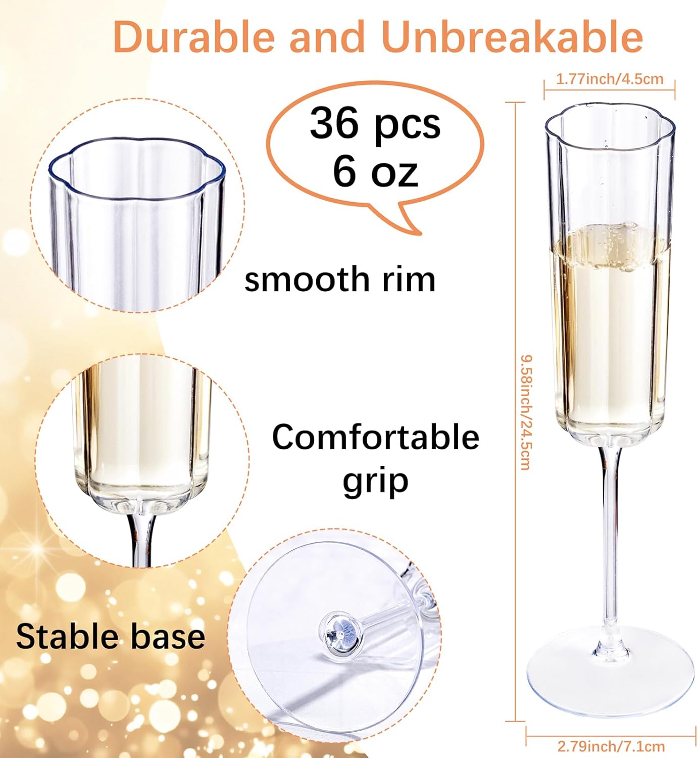 YOUBET 36 Pack Clear Champagne Flutes Plastic - 6 Oz Flower Wavy Champagne Plastic Glasses - Heavy Duty Vintage Disposable Flutes for Wedding Party Birthday Anniversary - Image 2