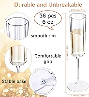 Vista 2 de YOUBET Paquete de 36 flautas de champán transparentes de plástico - 6 oz Copas de champán de plástico con flores onduladas - Flautas desechables