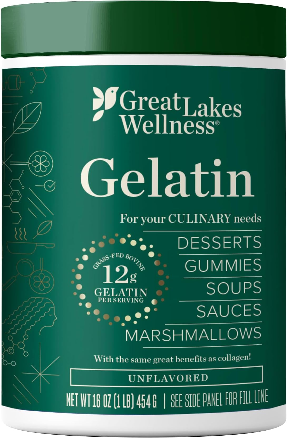 Beef Gelatin Powder for Culinary Needs - Perfect for Gummies, Marshmallows, Desserts and more - Unflavored - Grass-Fed, Kosher, Keto, Non-GMO 16 oz