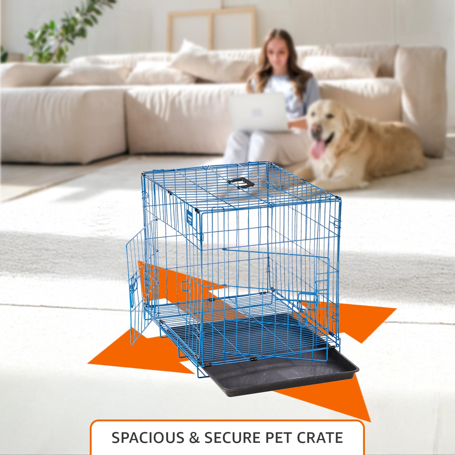Amazon Basics Foldable Metal Wire Dog Cage/Crate/Carrier with Tray | Single Door | 24 Inch | 1 Level | Blue, Medium