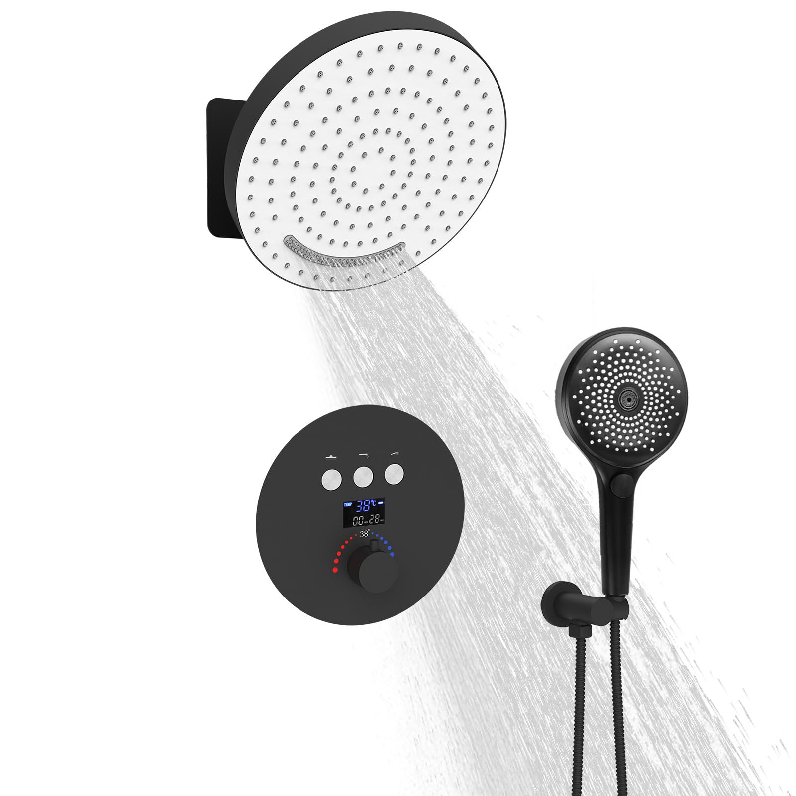 XJTNLB Columna Ducha Termostatica Digital con Ducha Cascada Pared, Duchas de Baño Efecto Lluvia Negro