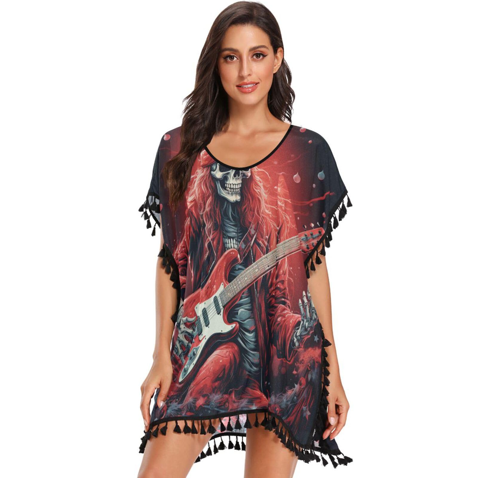 Christmas Skull Guitar Art Women's Beach Cover Up Chiffon Tassel Swimwear Swimsuit Coverups for Girl