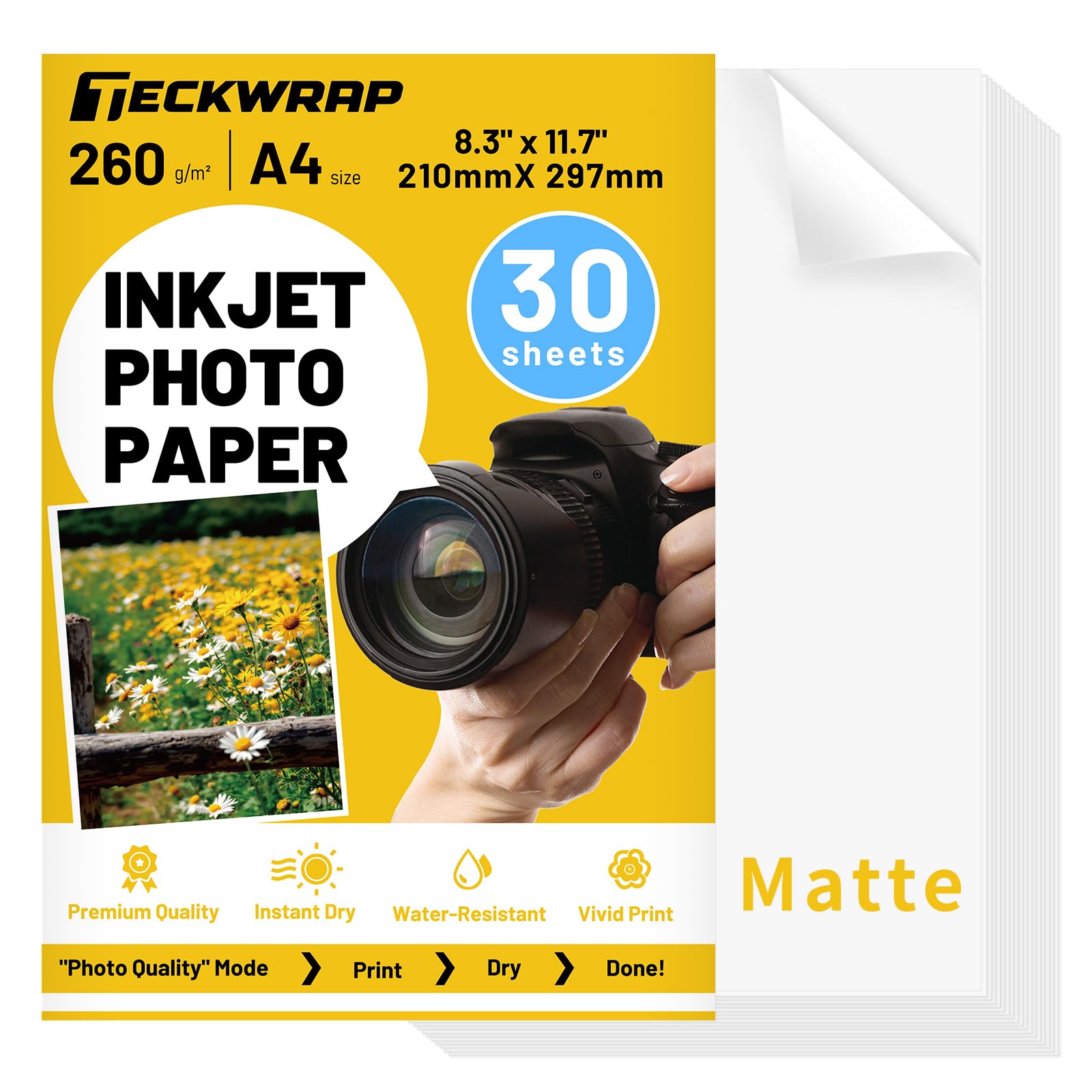 TECKWRAP Matte Inkjet Photo Paper A4, 120gsm, 30 Sheets for Inkjet Printers for Printing Photos, Brochures, Covers, Certificates, Booklets, Flyers, Leaflets, Cards, Calendars