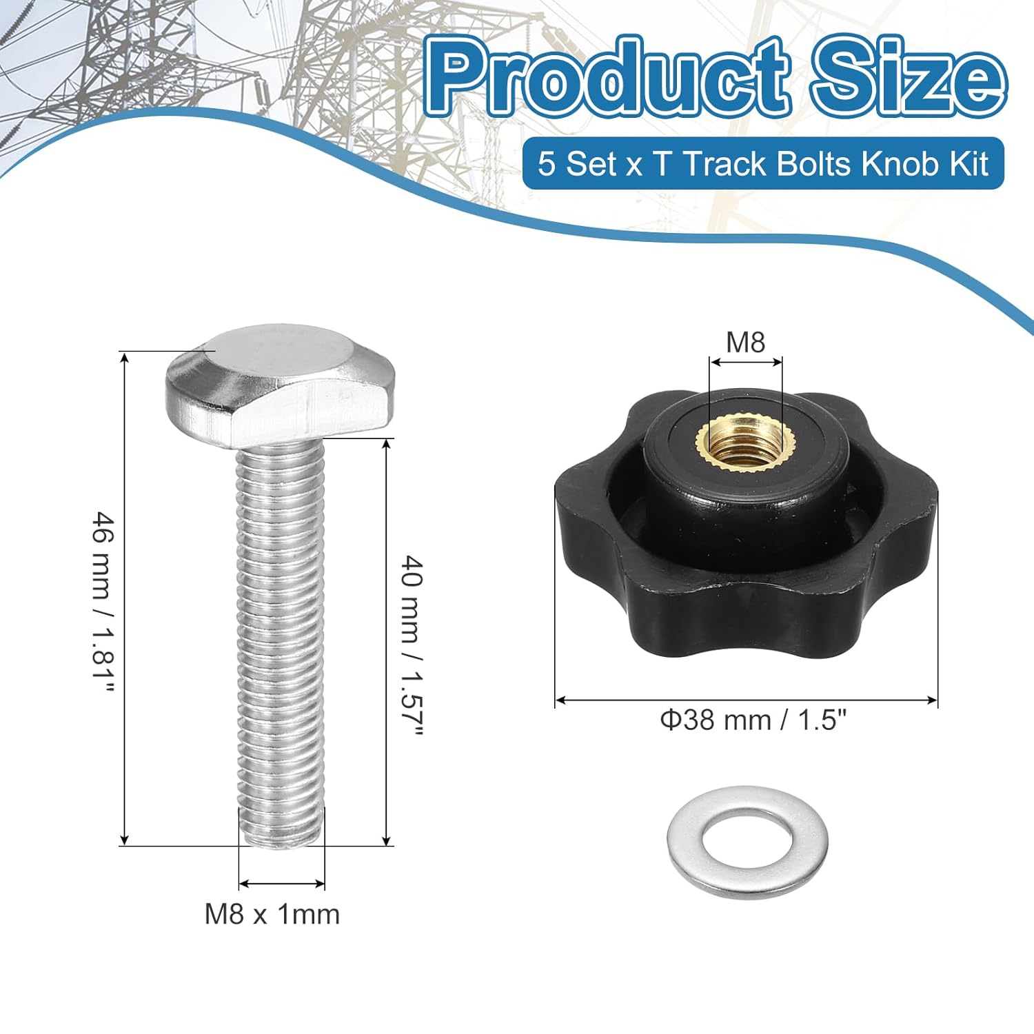 PATIKIL t Track Bolts Knob Kit, 5 Set M8 x 40mm x 38mm Threaded Bolts with Washers and 6-Star Knobs Nuts t Track Accessories for Woodworking Jigs and Fixtures, Silver Black