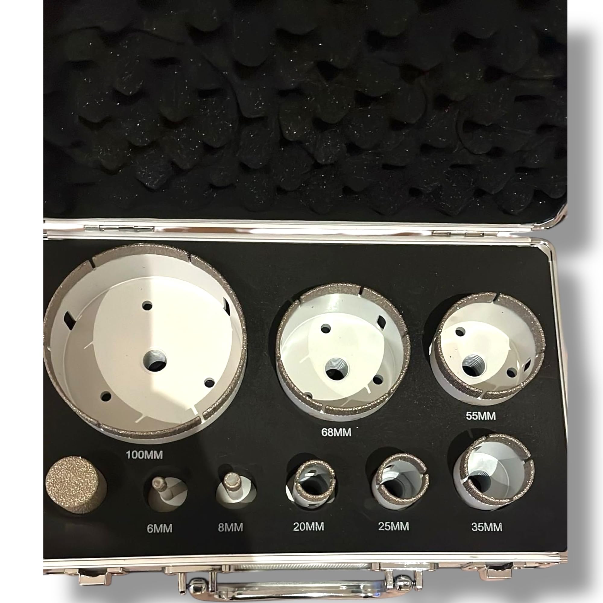 Kit de coronas/brocas diamantadas brasadas 9 piezas (Ø6-100 mm) con maletín – Para porcelánico, mármol y piedra – Outillage Carreleur 2.0