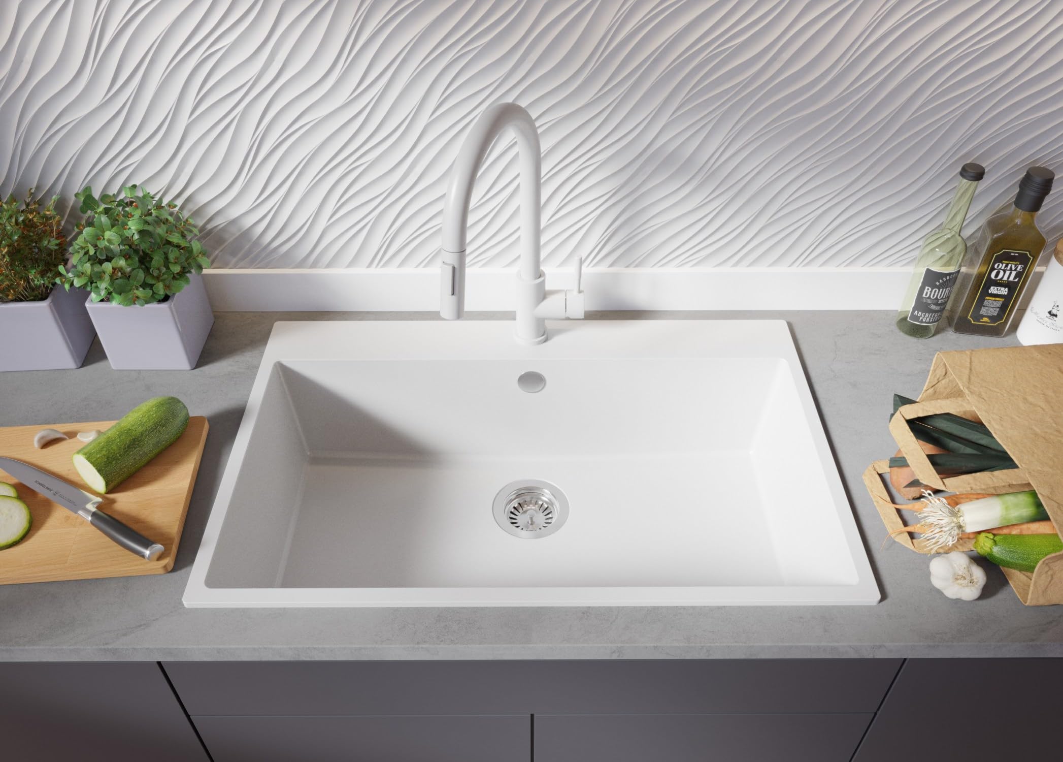 PRIMAGRAN Lavello da Cucina Bianco 78x50cm, Lavandino in Granito a 1 vasca + Sifone Classico, Lavabo da Cucina Incasso al Mobile 80cm - Riga S396