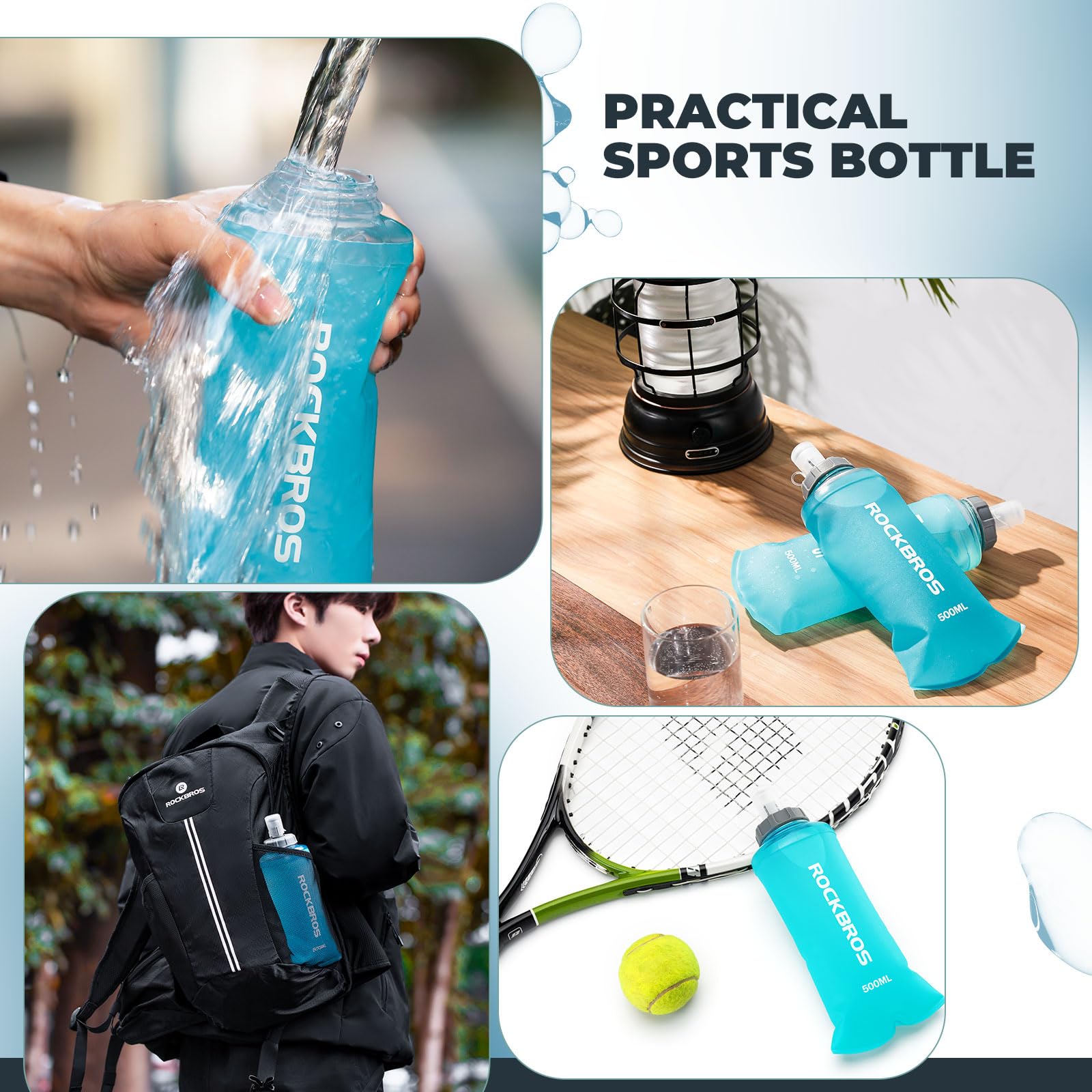 ROCKBROS Borraccia Pieghevole Acqua da 500 ml, Sacca Idrica Morbida senza BPA per Zaino Idrante Corsa Escursionismo Ciclismo