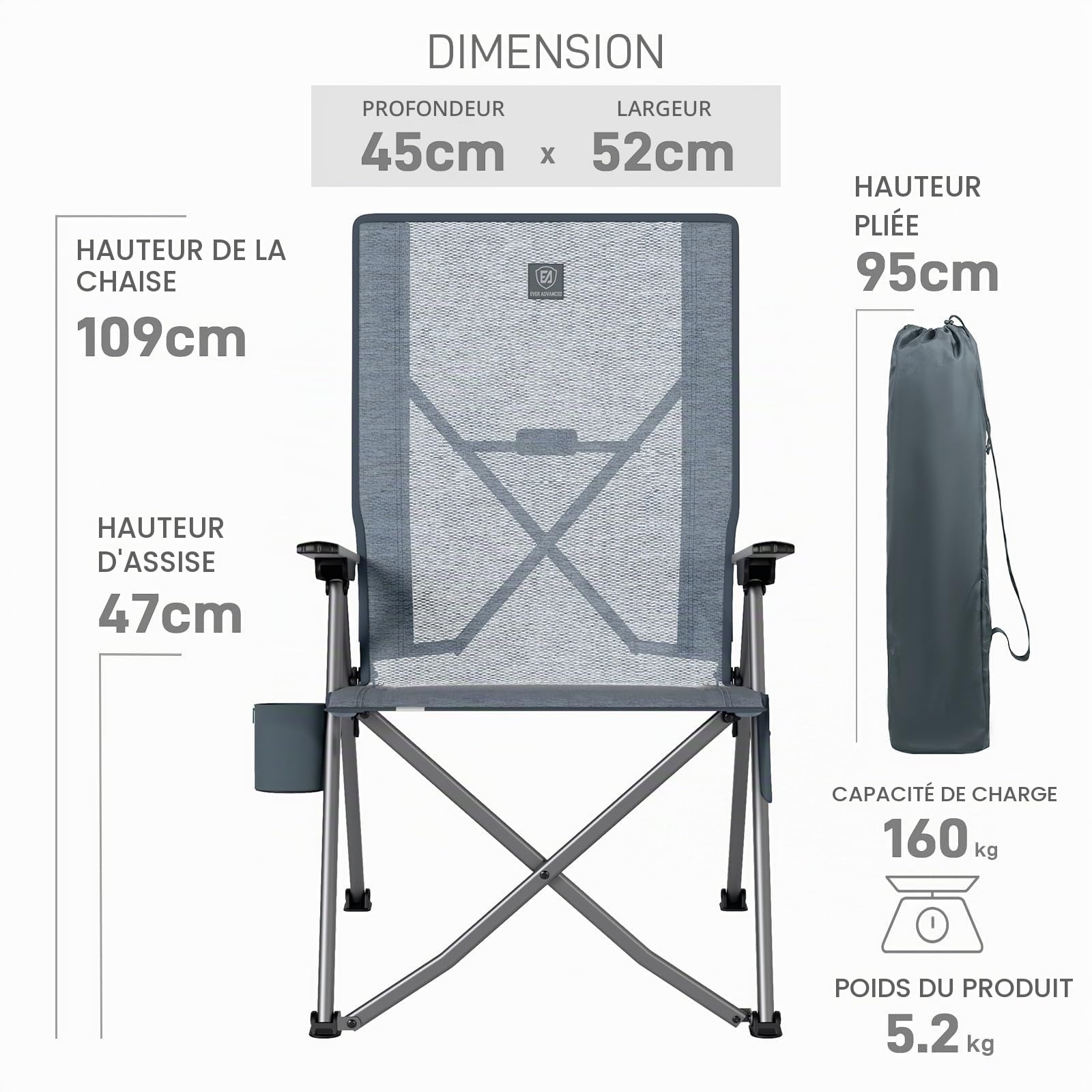 EVER ADVANCED Chaise Camping Pliable, Dossier réglable, Tissu Mesh | Chaise pliante réglable 4 positions 160kg, dossier haut avec poche et porte-gobelet, camping, jardin, gris 1Pc