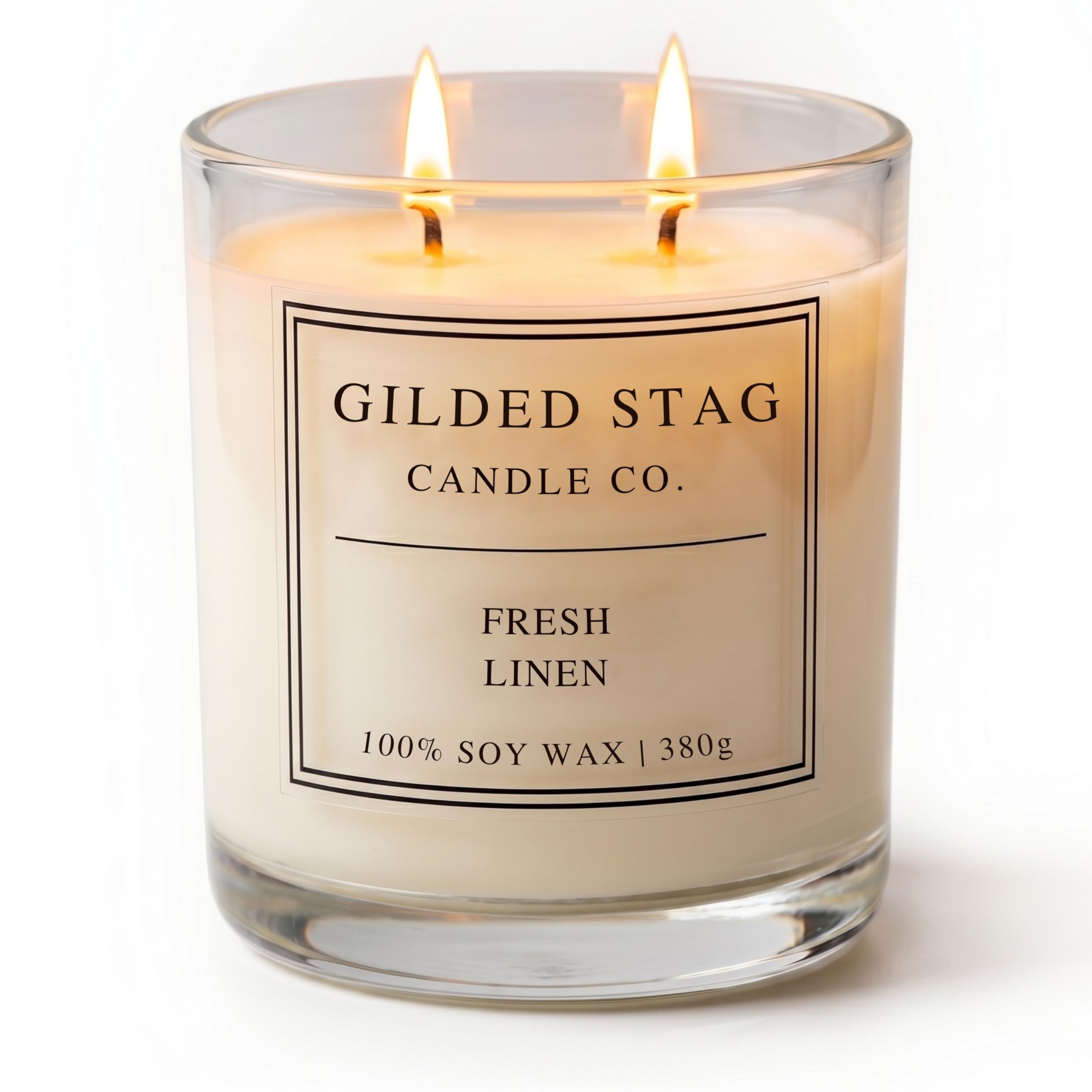Gilded Stag Scented Candle - Fresh Linen - Large 2 Wick Soy Wax Candle - Luxury Home Décor Fragrance & Gifts for Women - 50 Hours Burn, 50cl Glass Jar