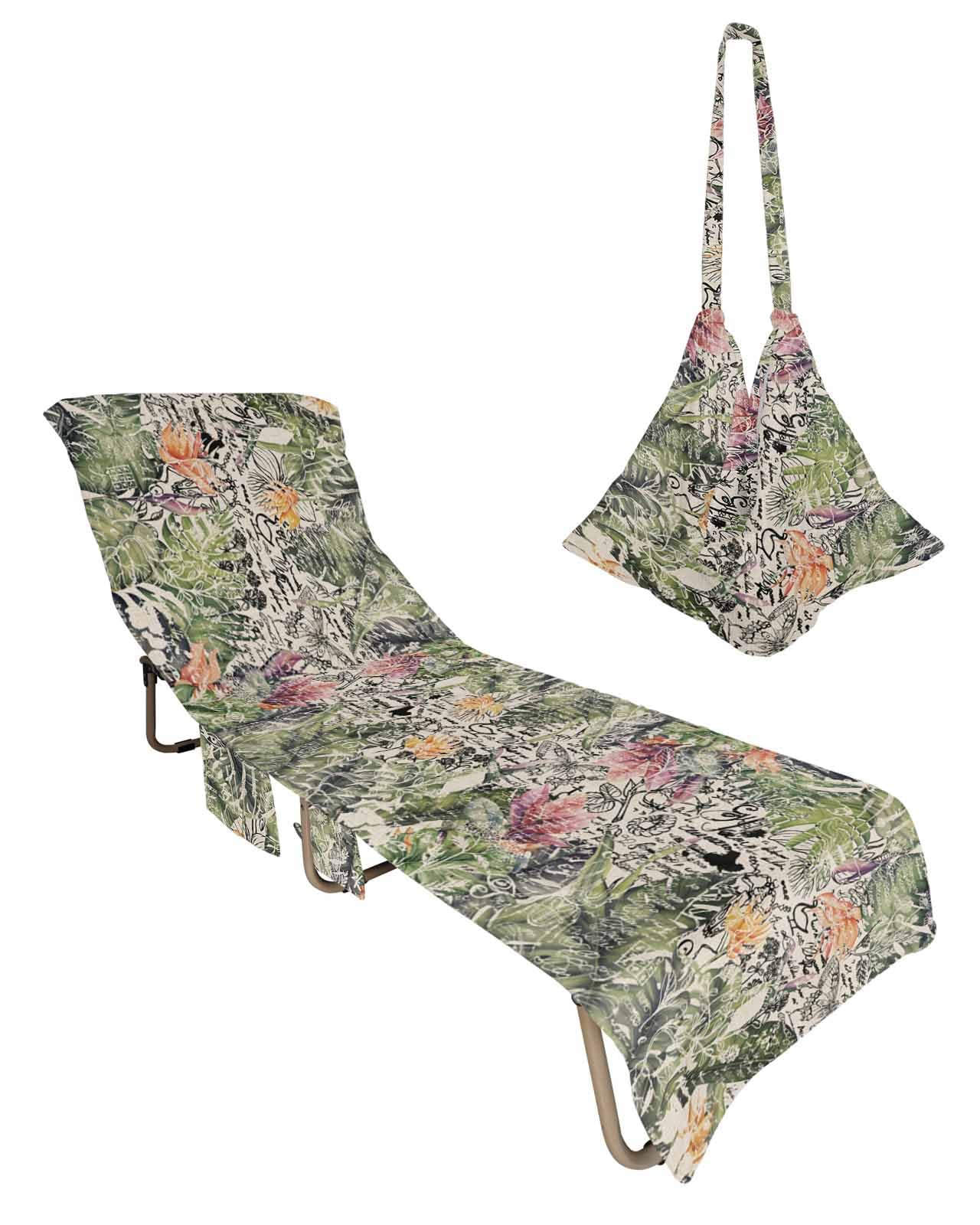 Summer Botanical Beach Lounge Chair Towel Cover, Soft Chaise Lounge Towel with Side Pockets Patio Pool Chairs Cover for Beach/Pool Sunbathing 29x85 Flowers Tropical Plants Rustic