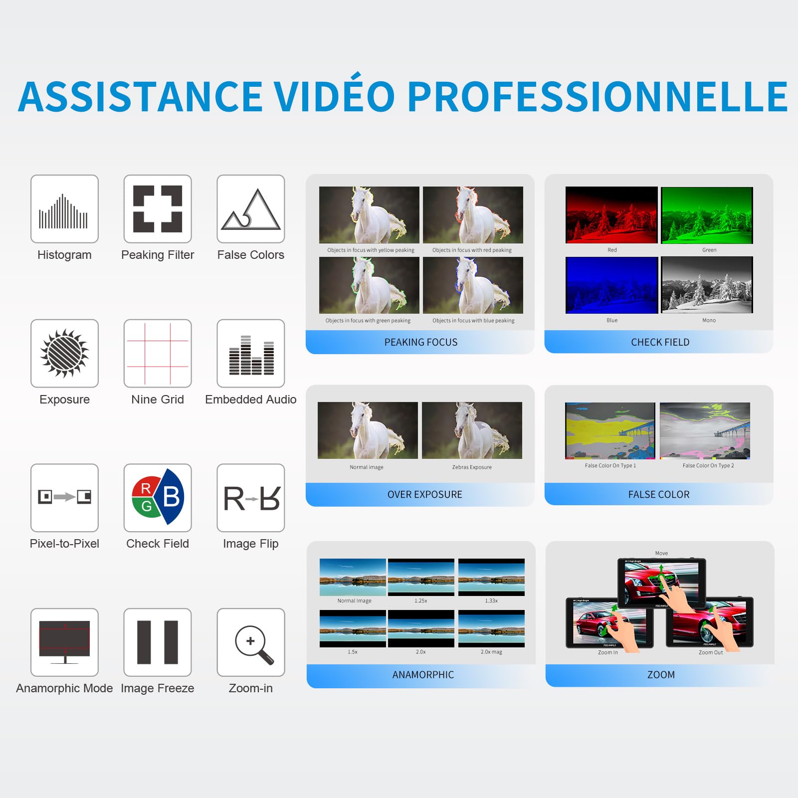 Feelworld S55 V3 5.5 Pouces sur Caméra Moniteur DSLR Camera Field Monitor Small Full HD 1920x1080 IPS Peaking Focus Video Assist avec 4K HDMI 8.4V DC Input Output Livré avec Batterie et Sac，Tilt Arm