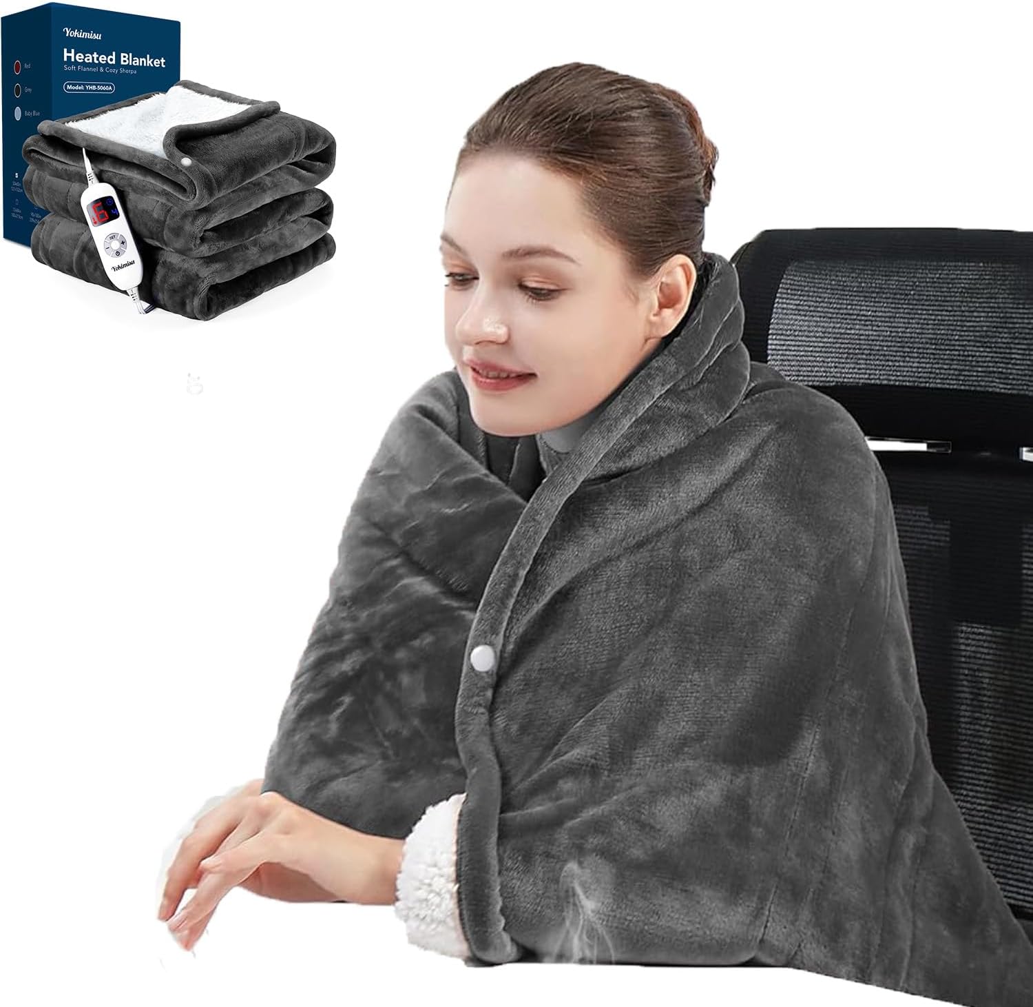 Heated Blanket, Electric Blanket with 2 Wearable Buttons, 50×60 Inches Wearable Heated Throw Blanket, 6 Heating Levels & 4 Options Auto Off, for Office, Home (Grey)