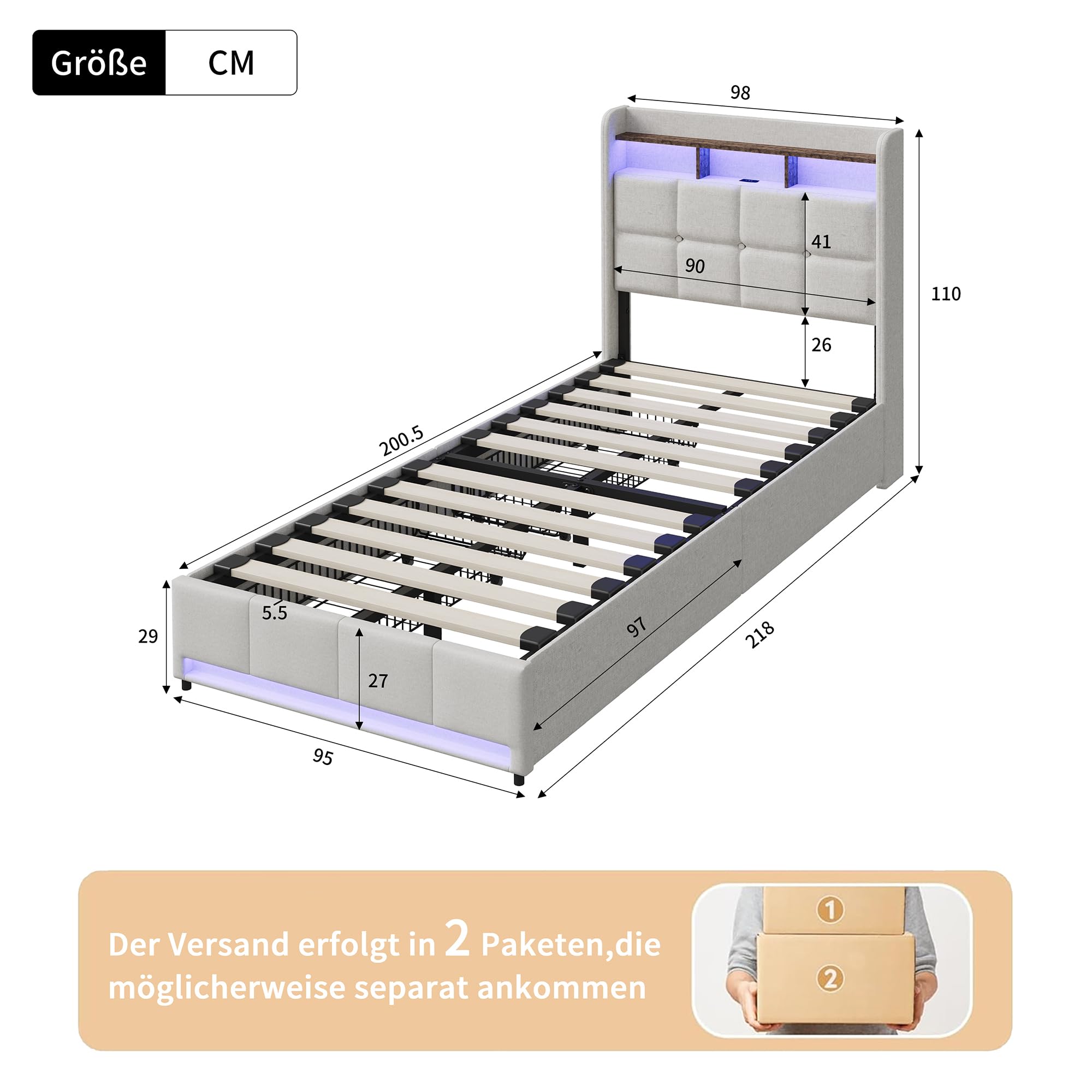 Letto imbottito 90 x 200 cm con vano portaoggetti, letto singolo con cassetti, letto per ragazzi con illuminazione a LED e stazione di ricarica, telaio in metallo e rete a doghe in legno